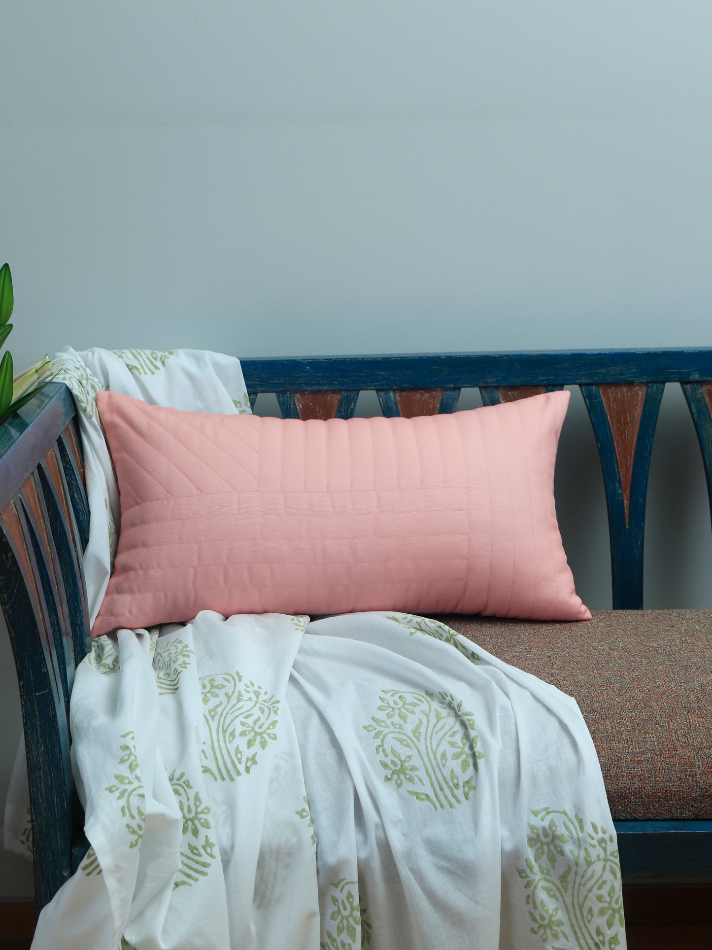 Co-ordinated Cushion Cover (Set of 5) Printed, Embroidered, Quilted Pink/Blue - 16" X 16" + 12" X 22" + 12" X 12"