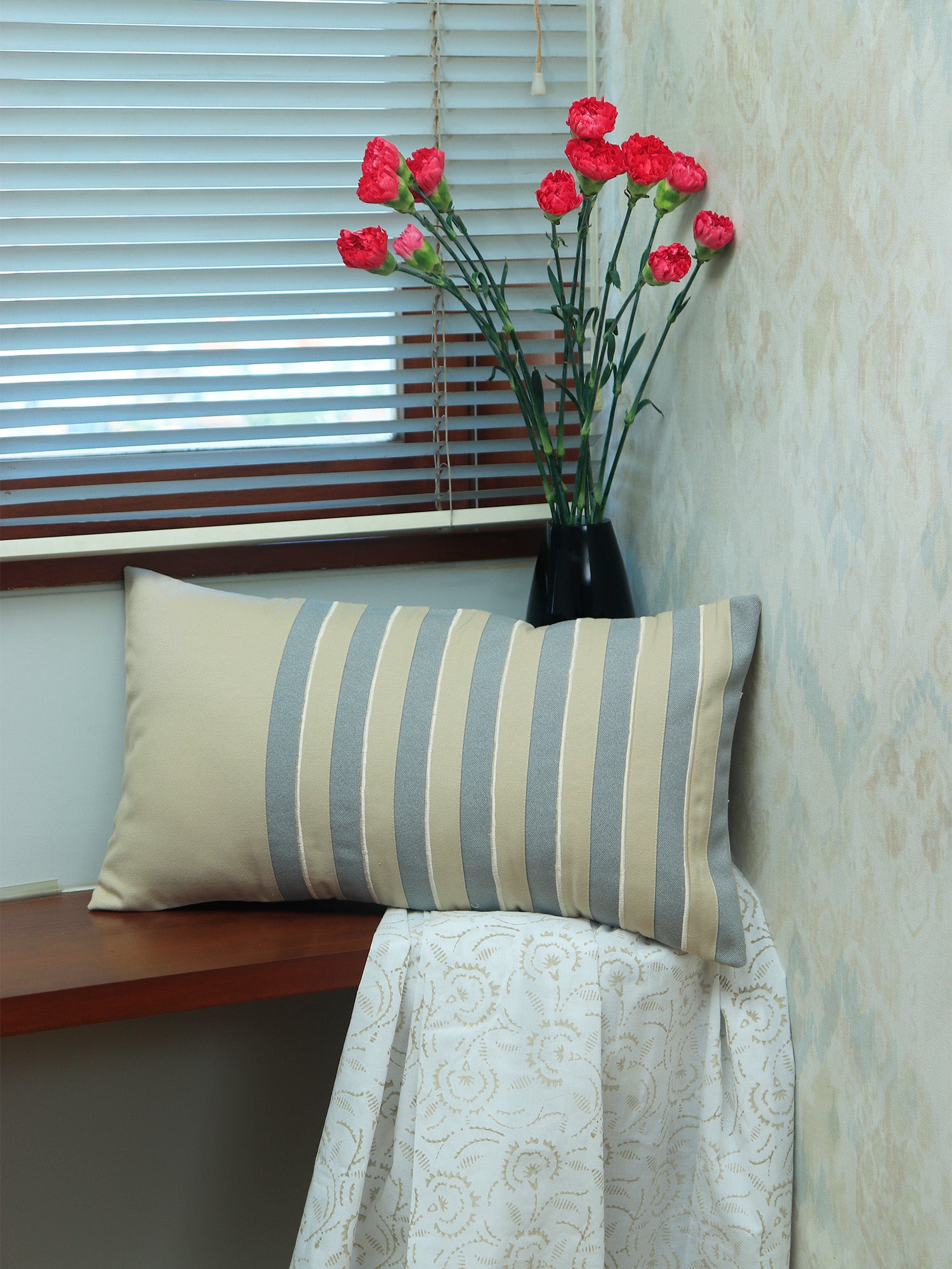 Embroidered Cushion Cover with Striped Patchwork Beige Grey - 12" X 22"