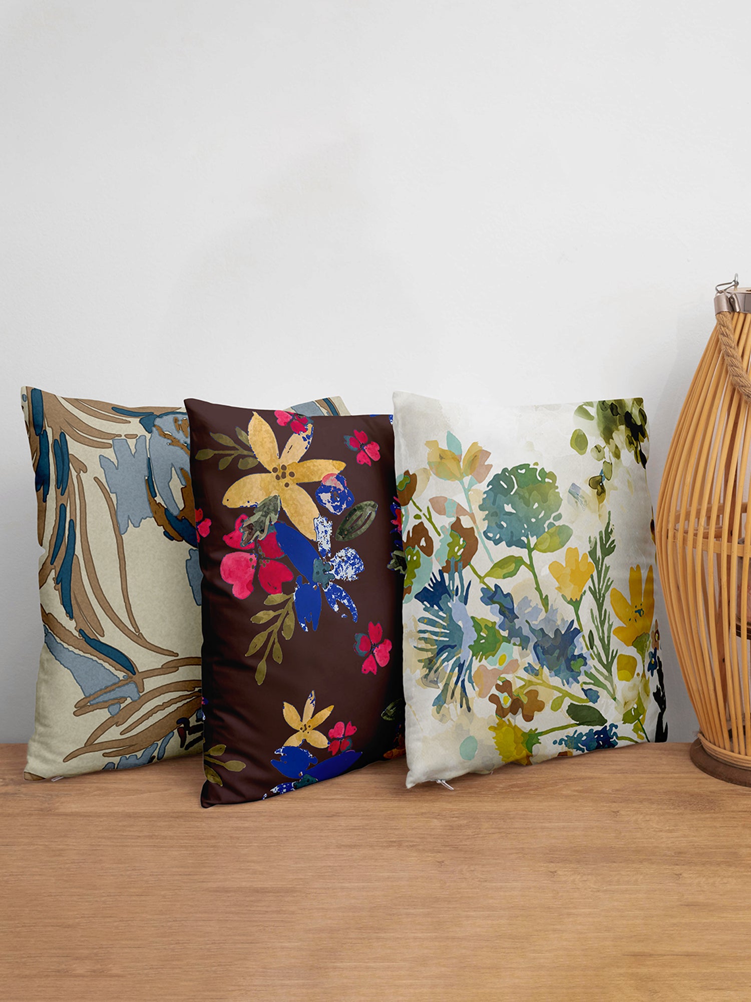 Cushion Covers Set of 3 Polycanvas Printed Floral Multi-color - 16" X 16"