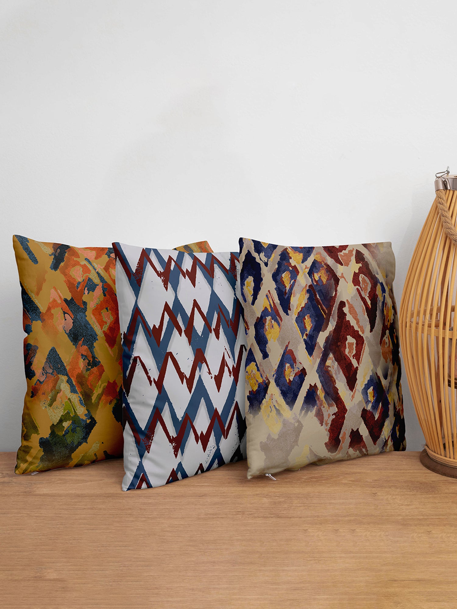 Cushion Covers Set Of 3 Polycanvas Printed Abstract Design Multi- 16" X 16"