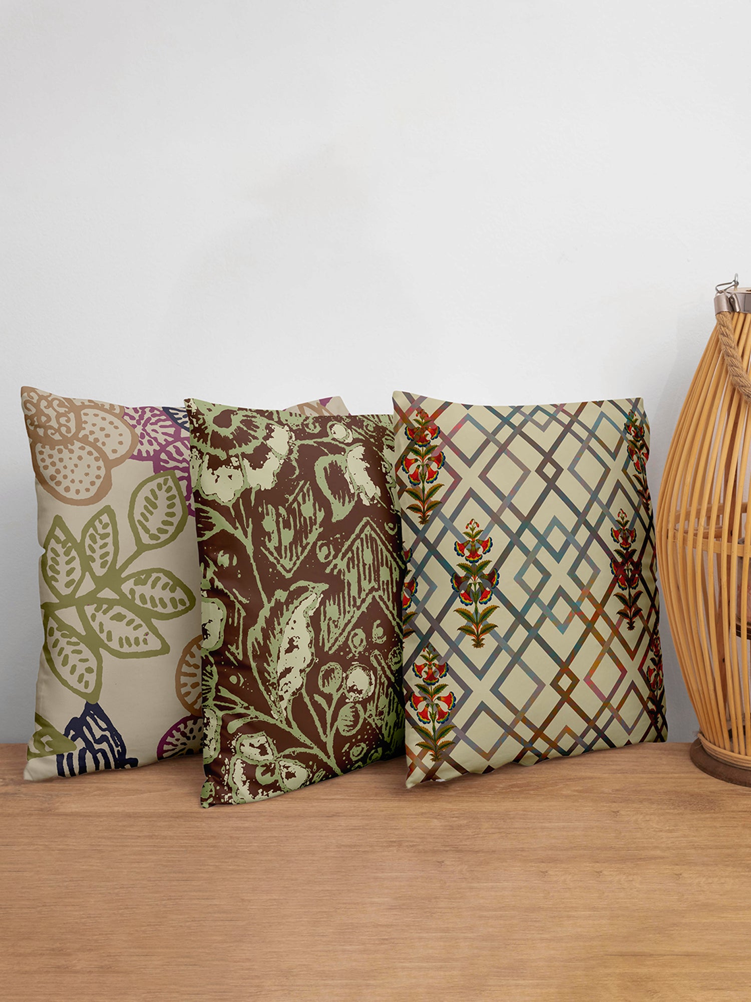 Cushion Covers Set of 3 Polycanvas Printed Geo Floral Multi- 16" X 16"