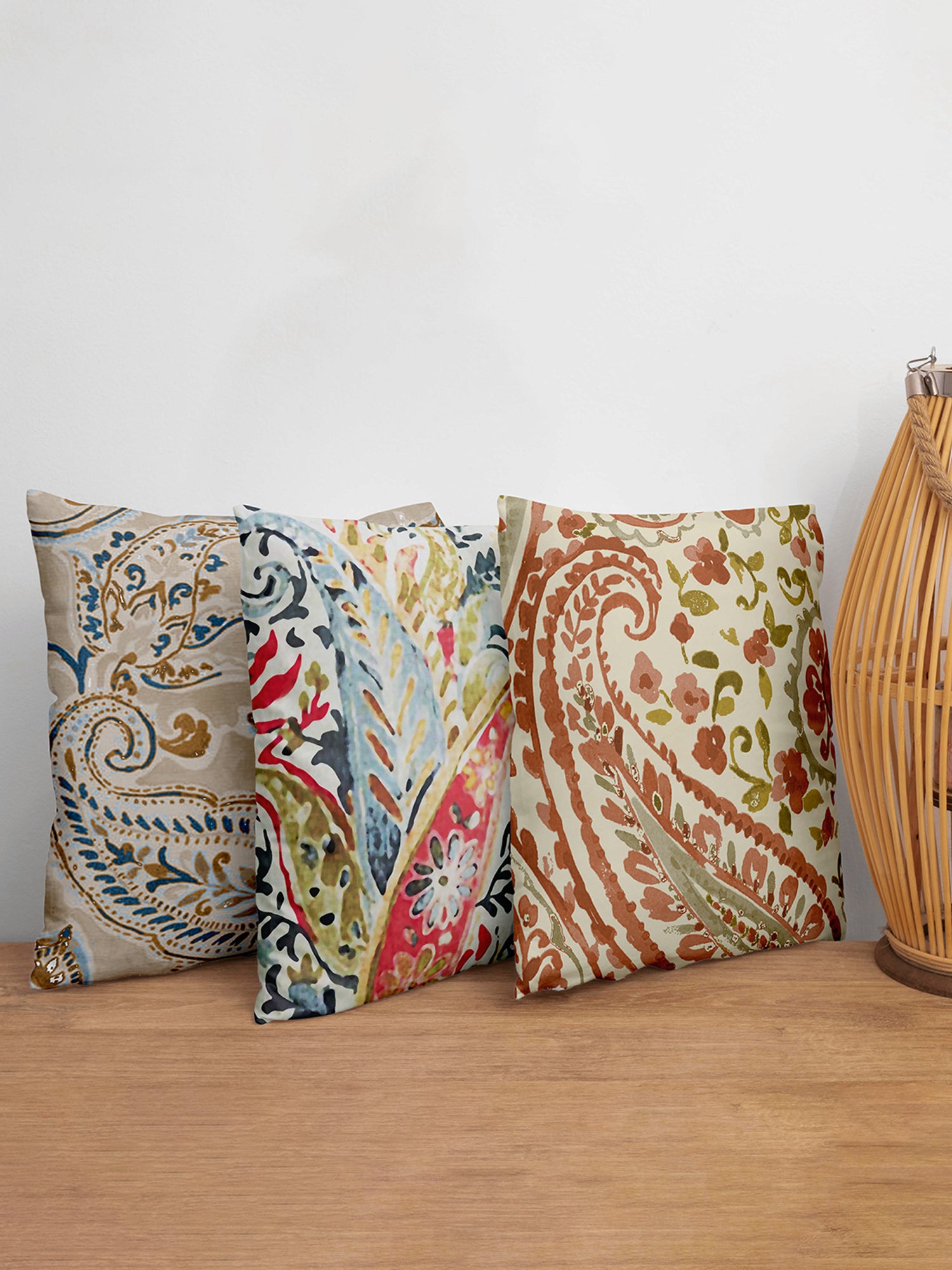 Cushion Covers Set of 3 Polycanvas Printed Paisley Multi- 16" X 16"