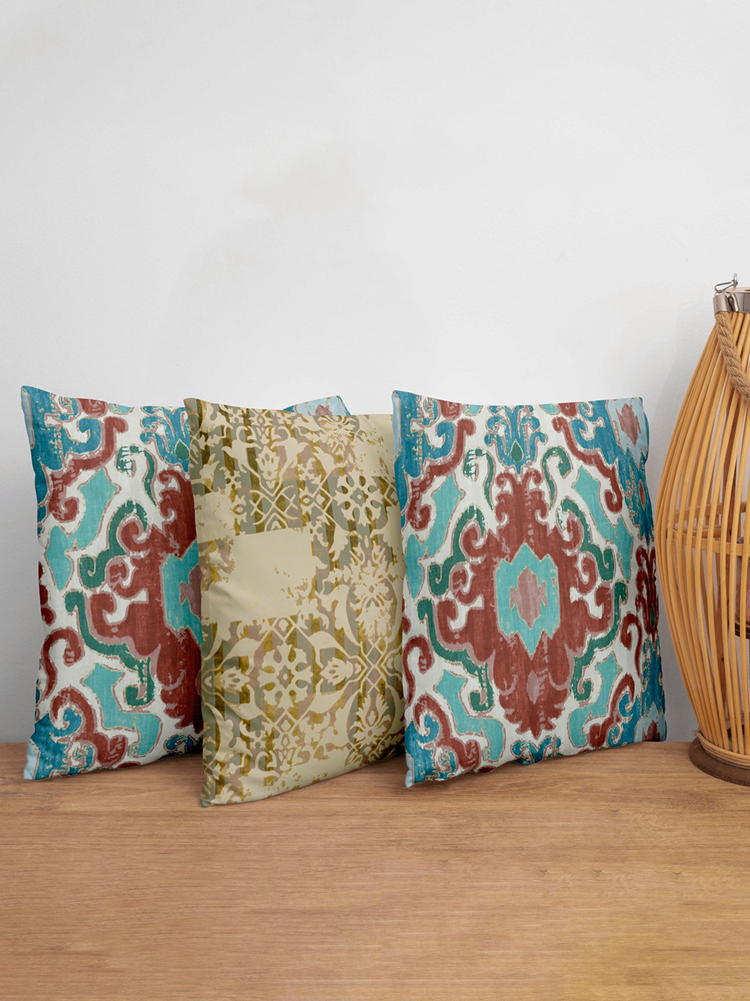 Cushion Covers Set Of 3 Polycanvas Printed Watercolor Ikat Multi- 16" X 16"