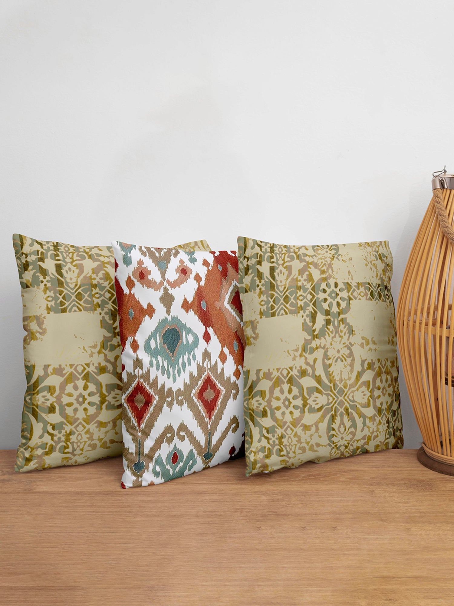 Cushion Covers Set Of 3 Polycanvas Printed Abstract Ikat Pattern Multicolor- 16" X 16"