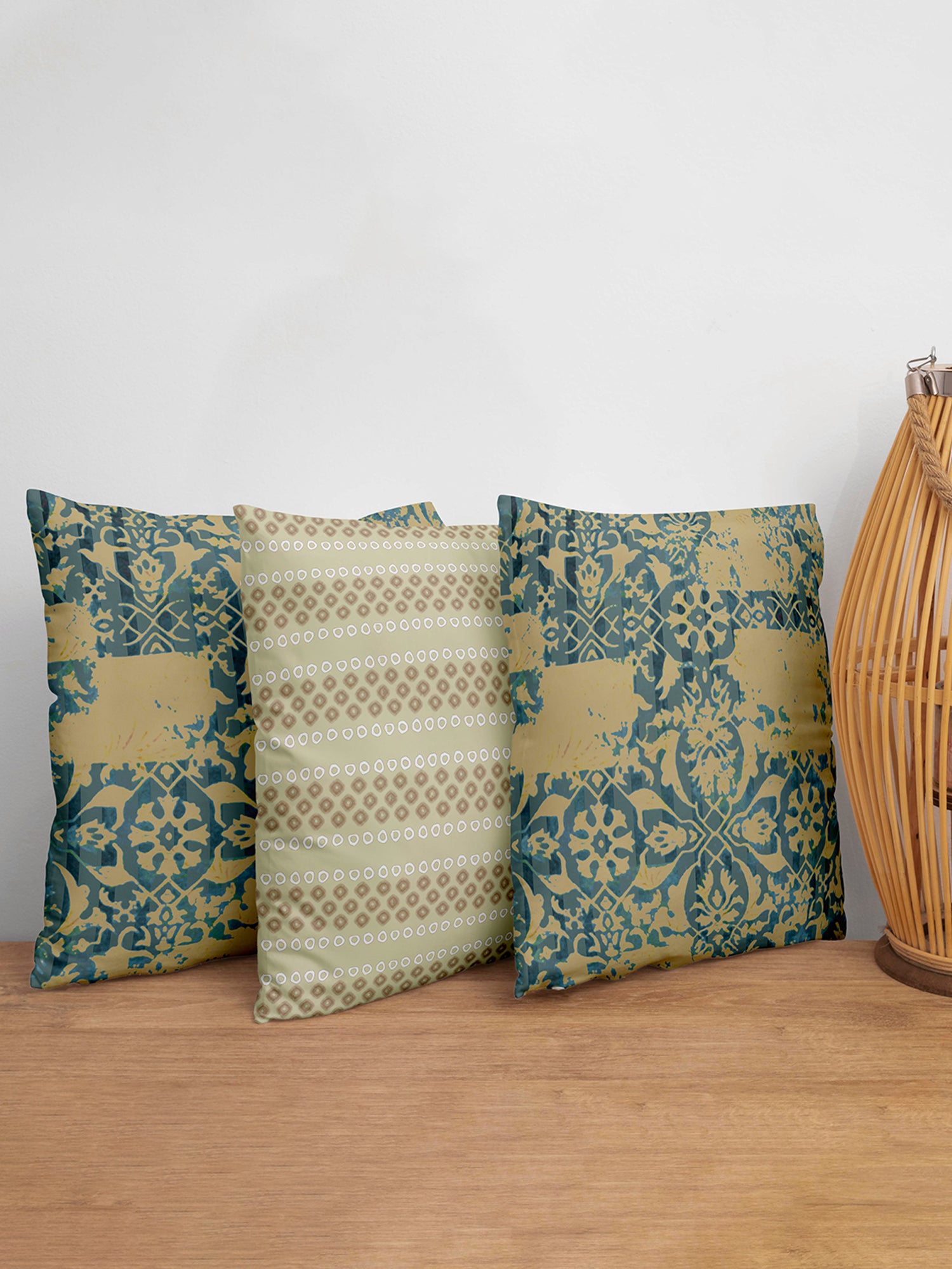 Cushion Covers Set Of 3 Polycanvas Printed Bandhani Painted Motifs Multi- 16" X 16"