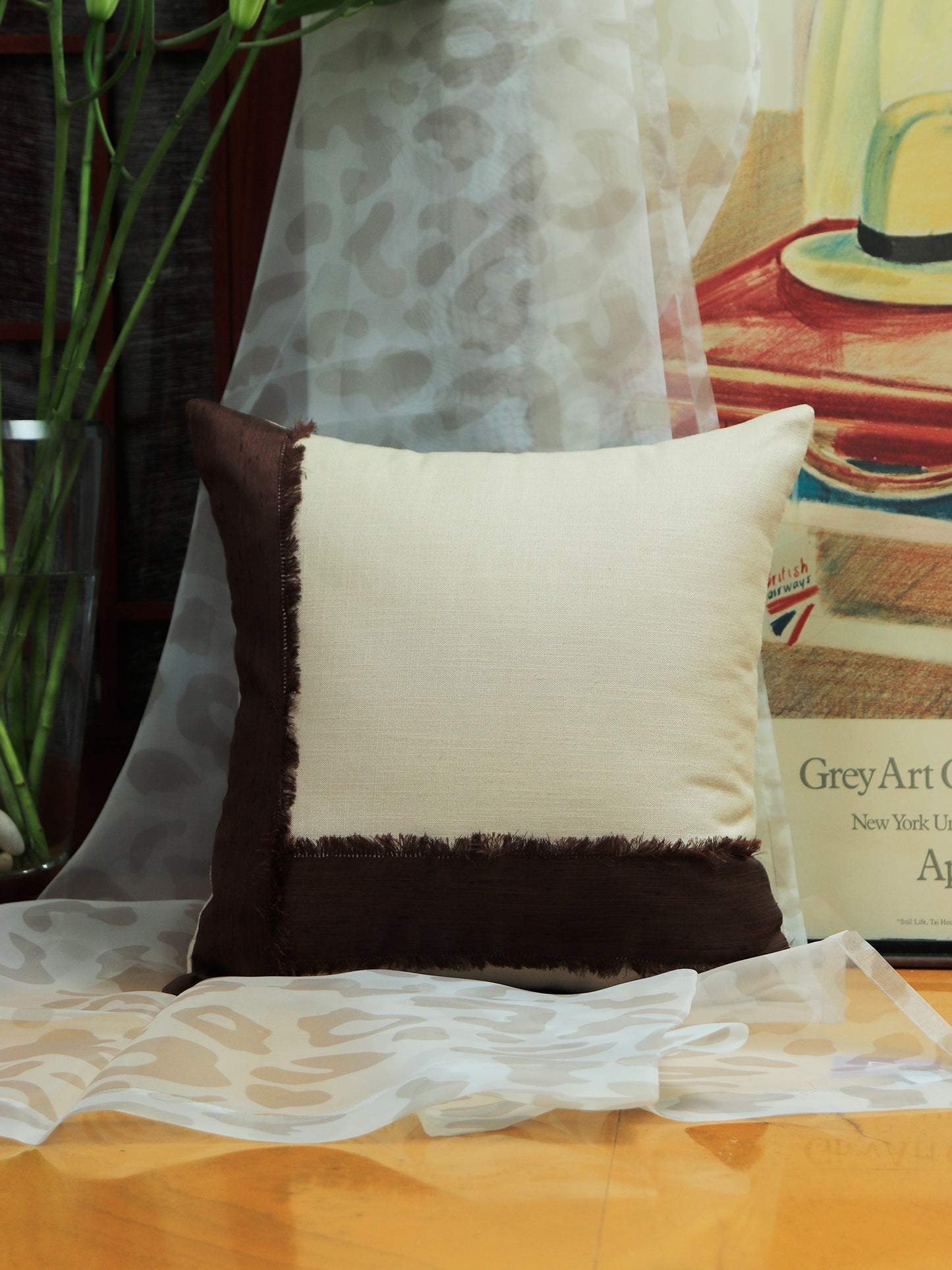 Co-ordinated Embroidered Cushion Cover (Set of 3) with Frayed Edges and Cord Piping Beige/Brown - 16" X 16"