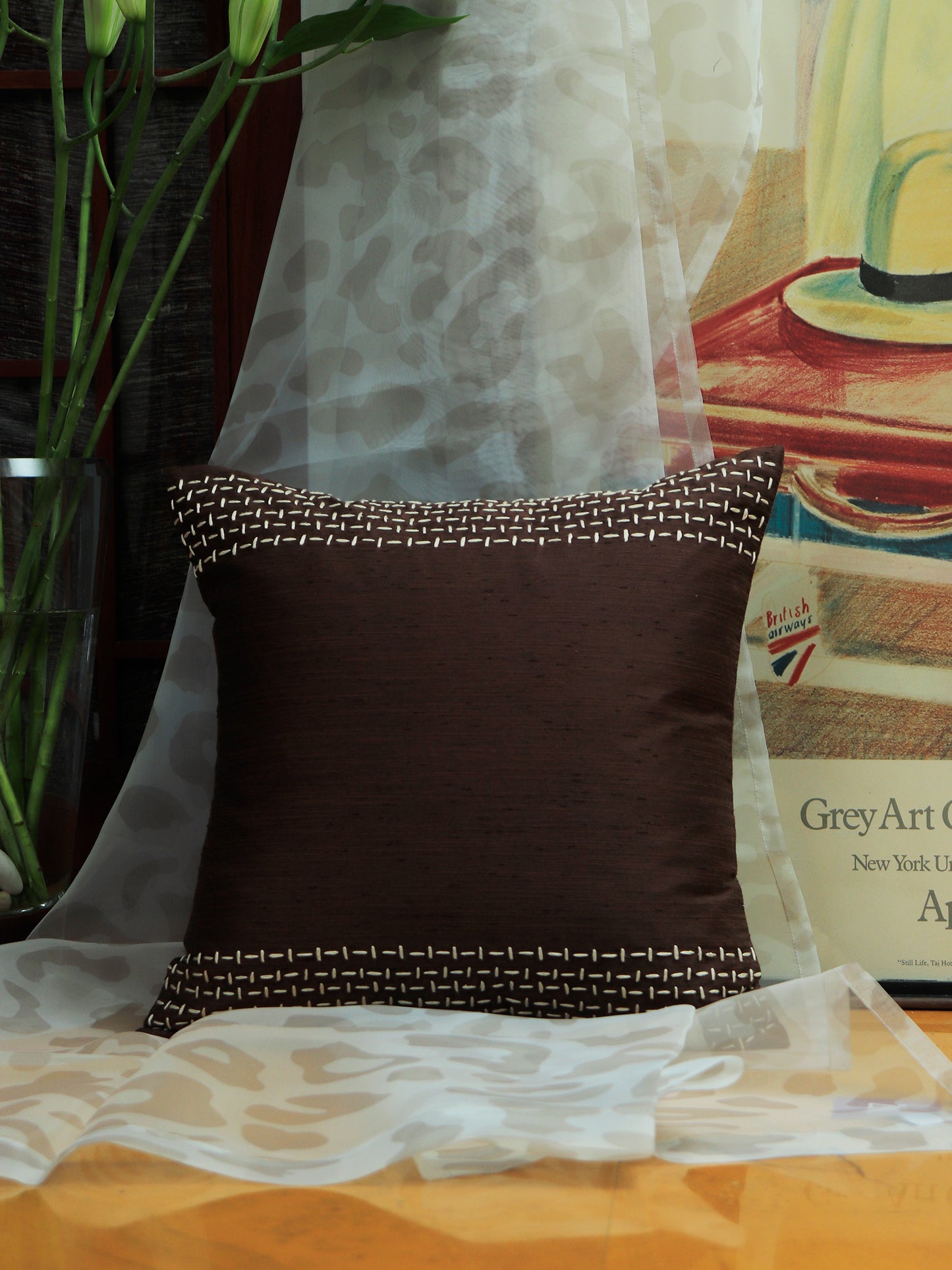 Co-ordinated Embroidered Cushion Cover (Set of 3) with Frayed Edges and Cord Piping Beige/Brown - 16" X 16"