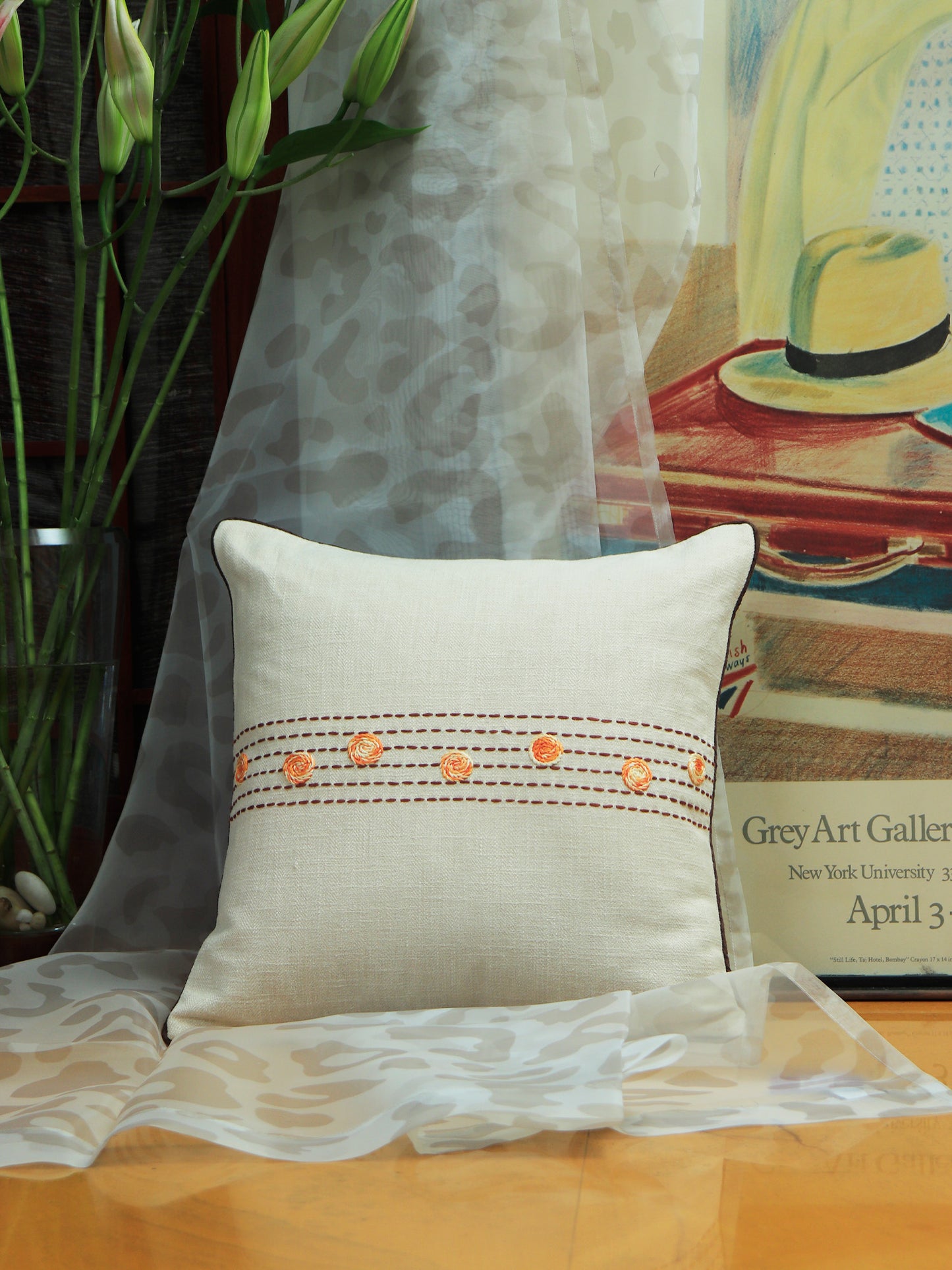 Co-ordinated Embroidered Cushion Cover (Set of 3) with Frayed Edges and Cord Piping Beige/Brown - 16" X 16"