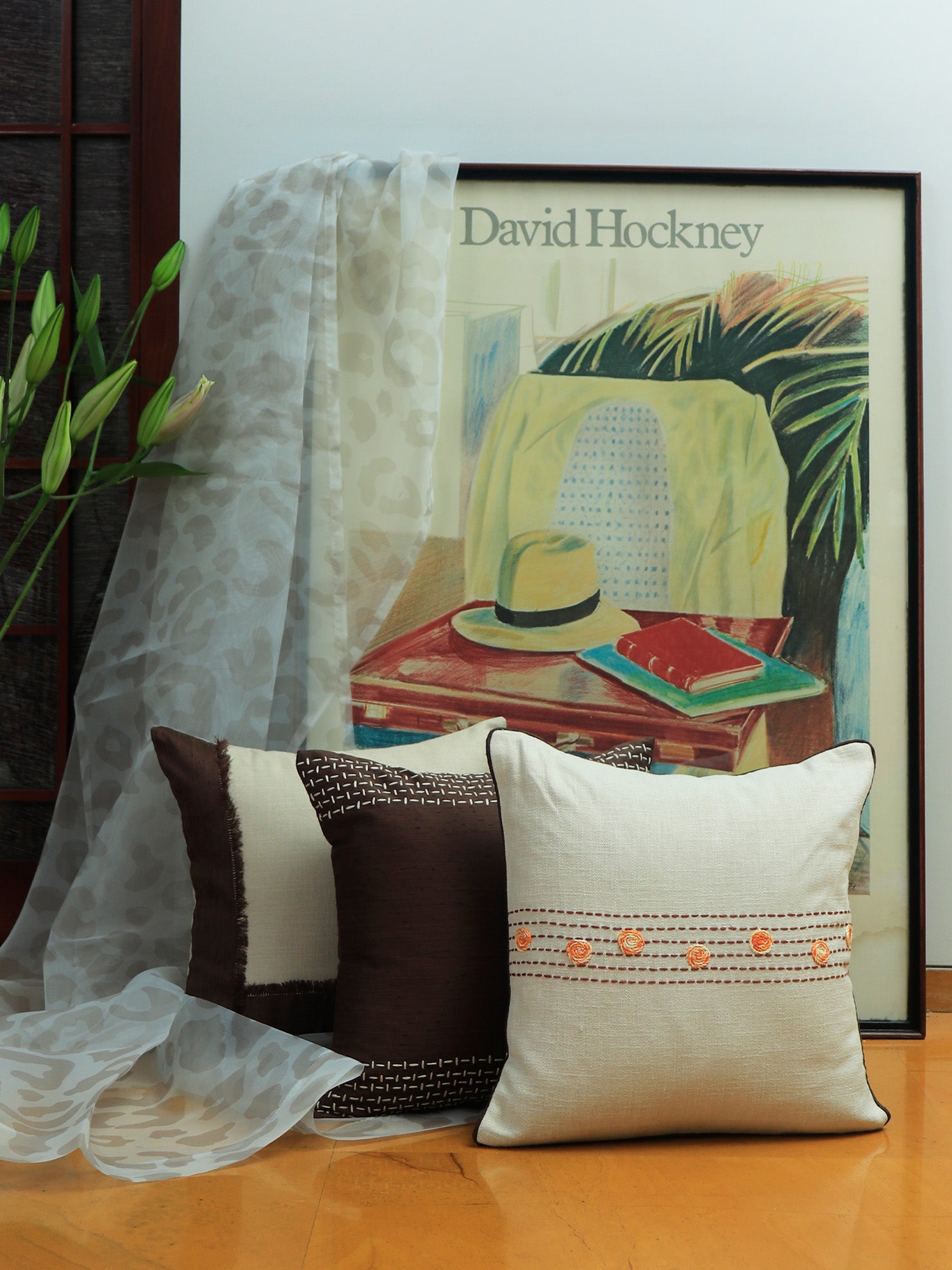Co-ordinated Embroidered Cushion Cover (Set of 3) with Frayed Edges and Cord Piping Beige/Brown - 16" X 16"