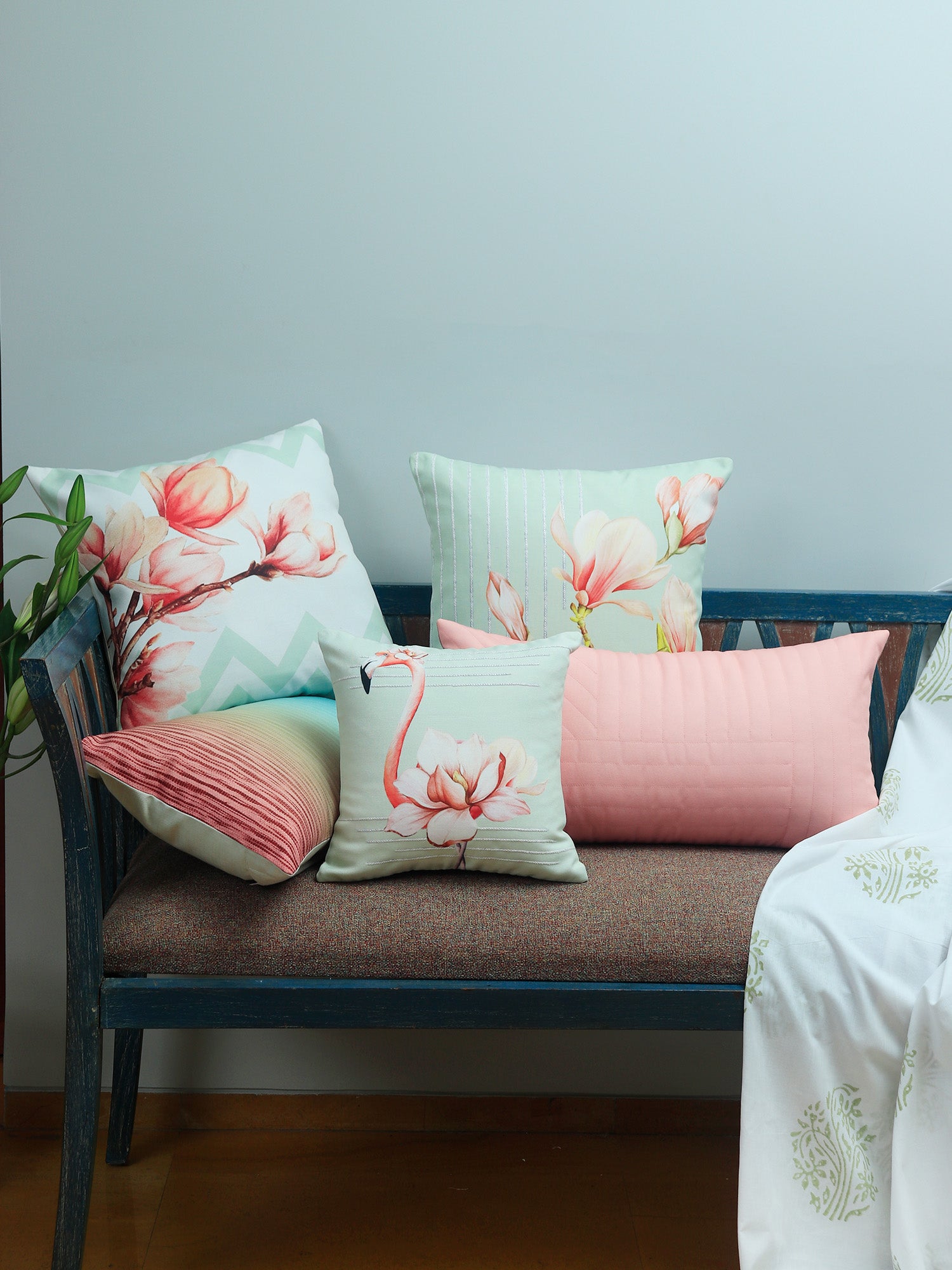 Co-ordinated Cushion Cover (Set of 5) Printed, Embroidered, Quilted Pink/Blue - 16" X 16" + 12" X 22" + 12" X 12"