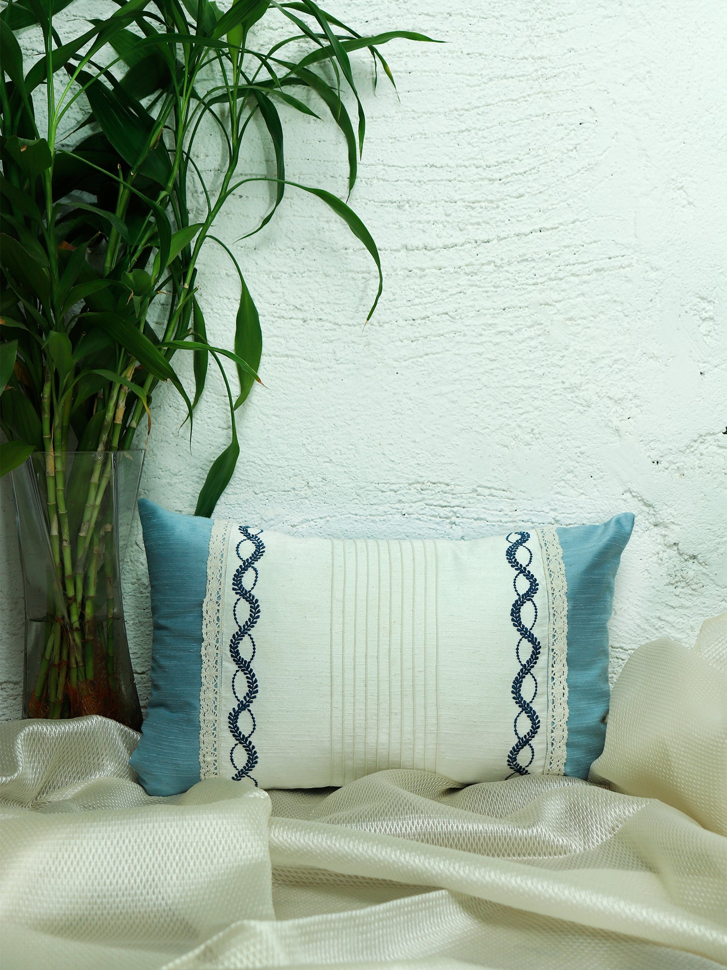 Technique Cushion Cover Polyester Patchwork with Pintuck and Embroidery Aqua Beige - 12" X 20"