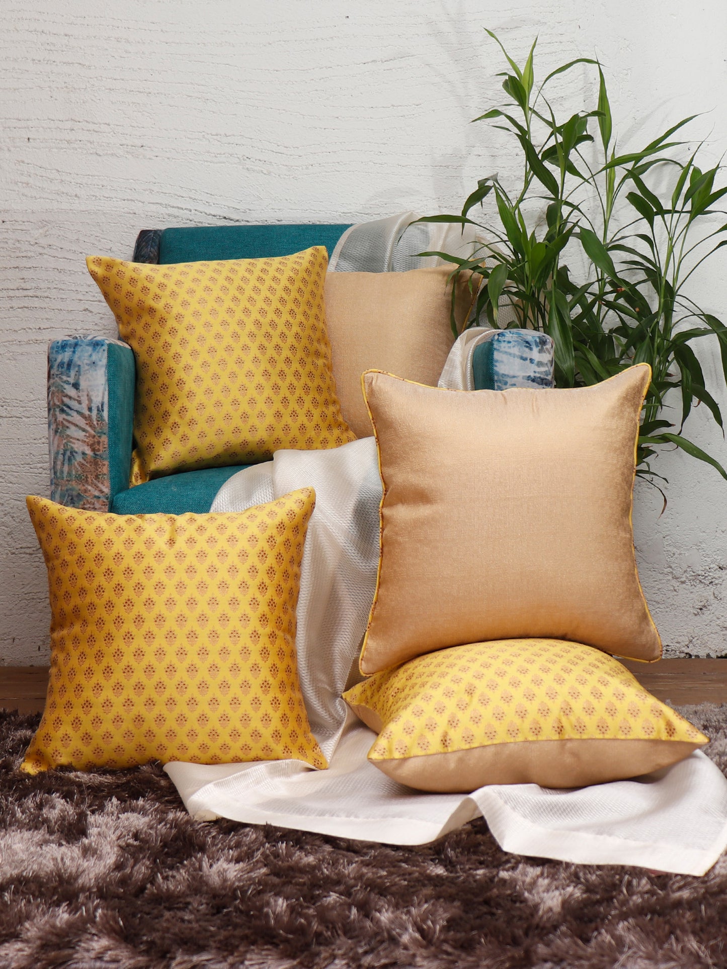 Co-ordinated Cushion Cover Set of 5 Cotton Blend Self Textured Brocade Yellow/Gold - 16" X 16"