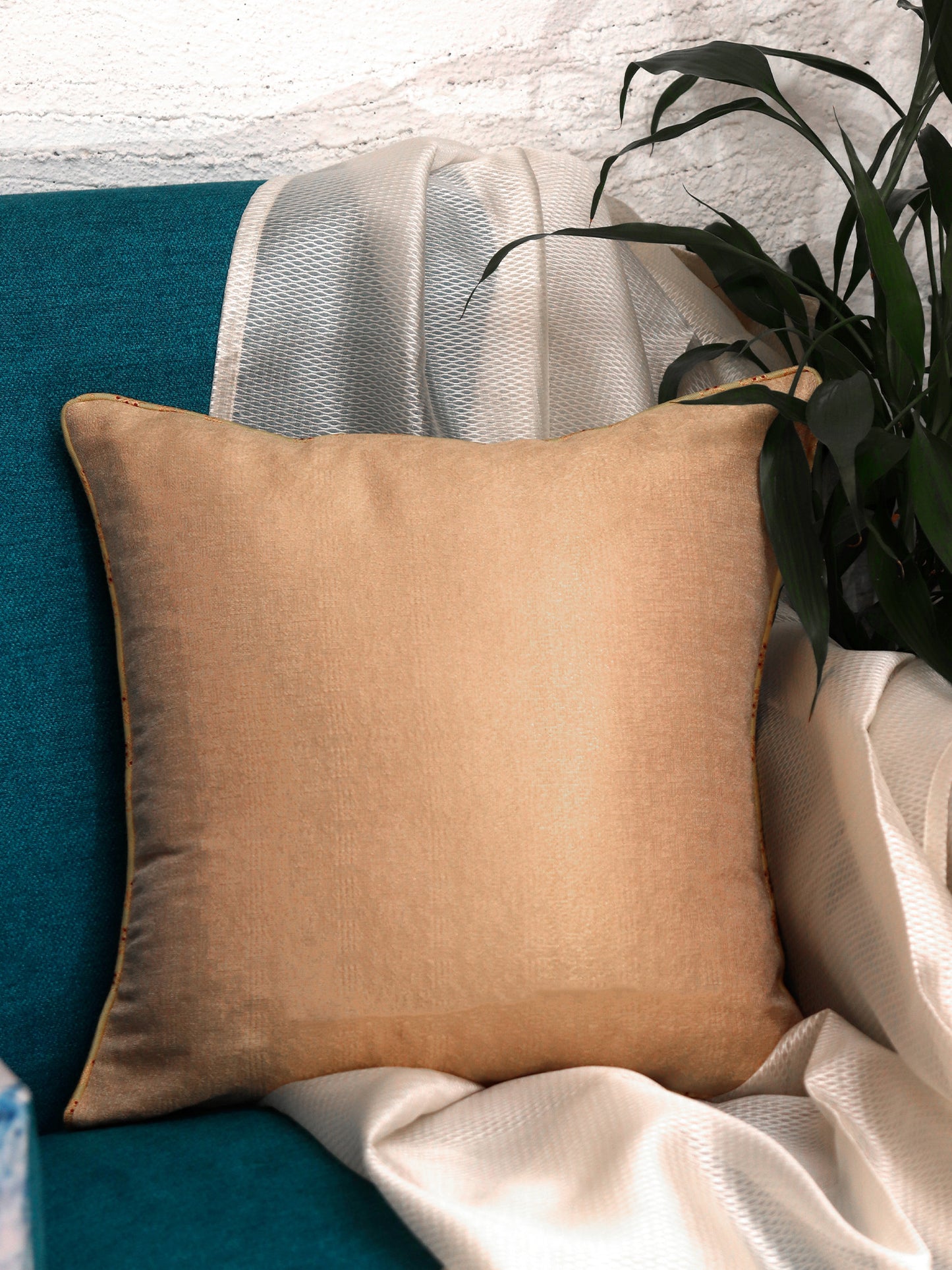 Co-ordinated Cushion Cover Set of 5 Cotton Blend Self Textured Brocade Yellow/Gold - 16" X 16"