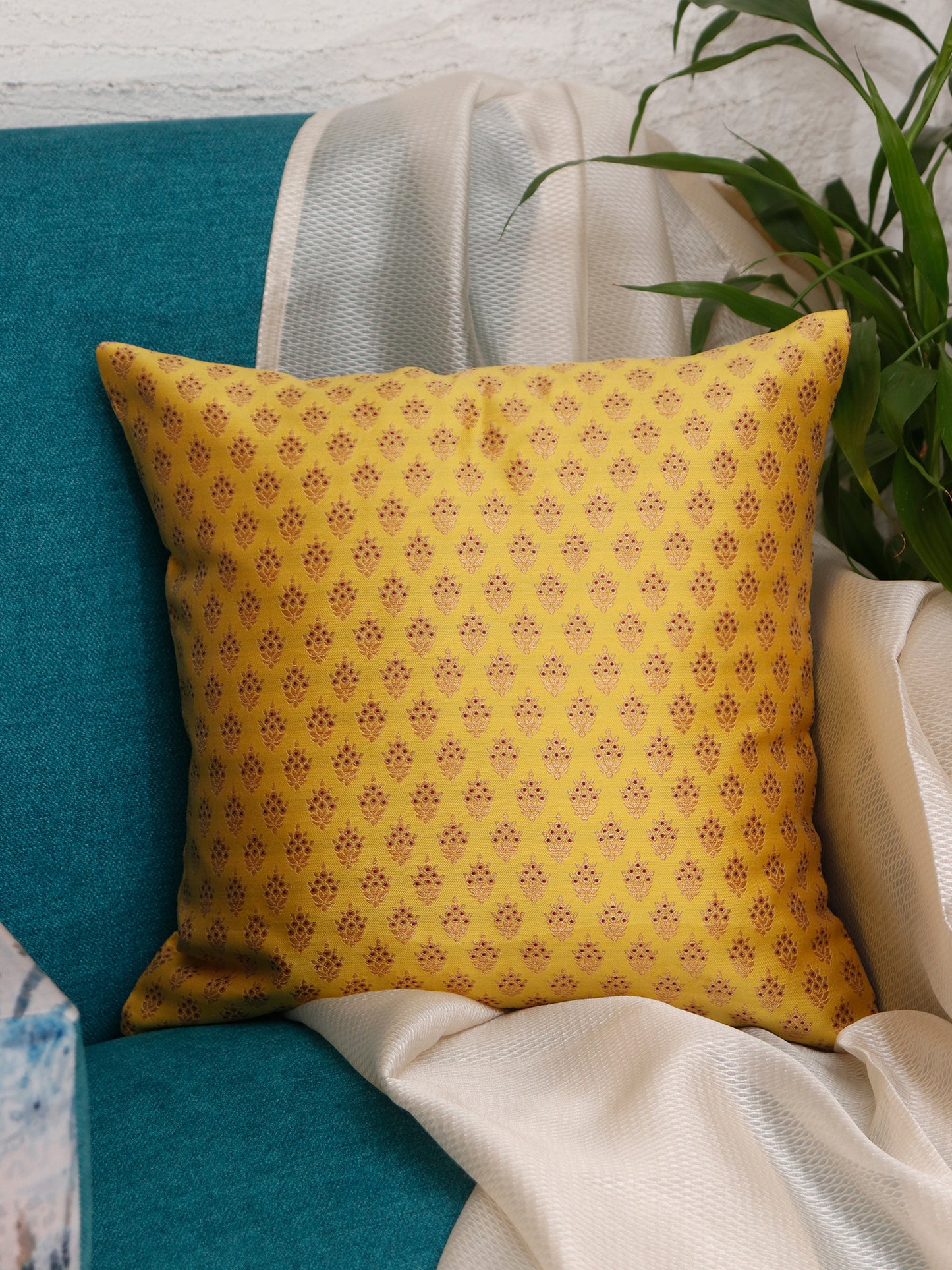 Cushion Cover Cotton Blend Self Textured Brocade Yellow - 16" X 16"