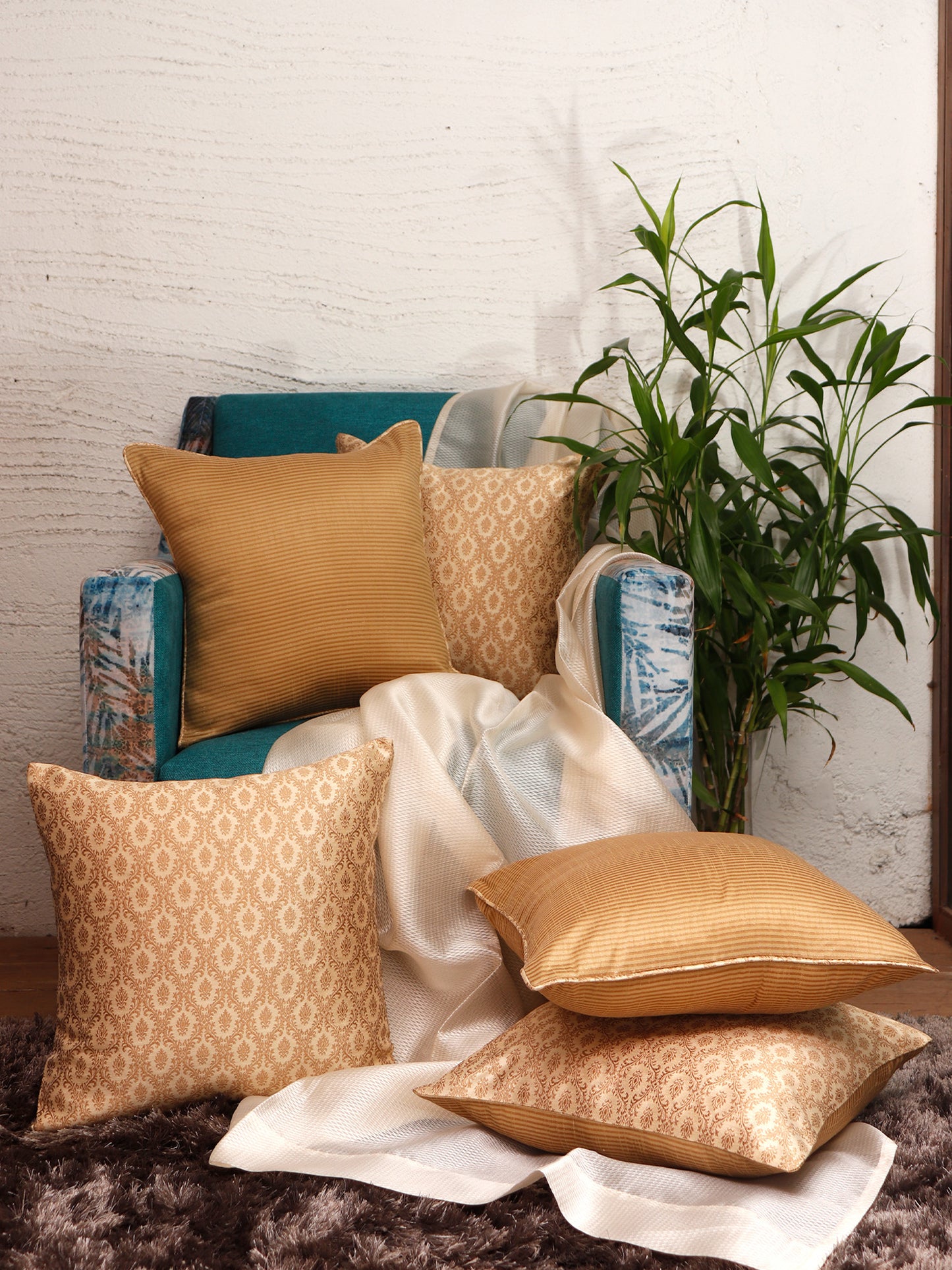 Co-ordinated Cushion Cover Set of 5 Cotton Blend Self Textured Brocade Orange/Musterd - 16" X 16"