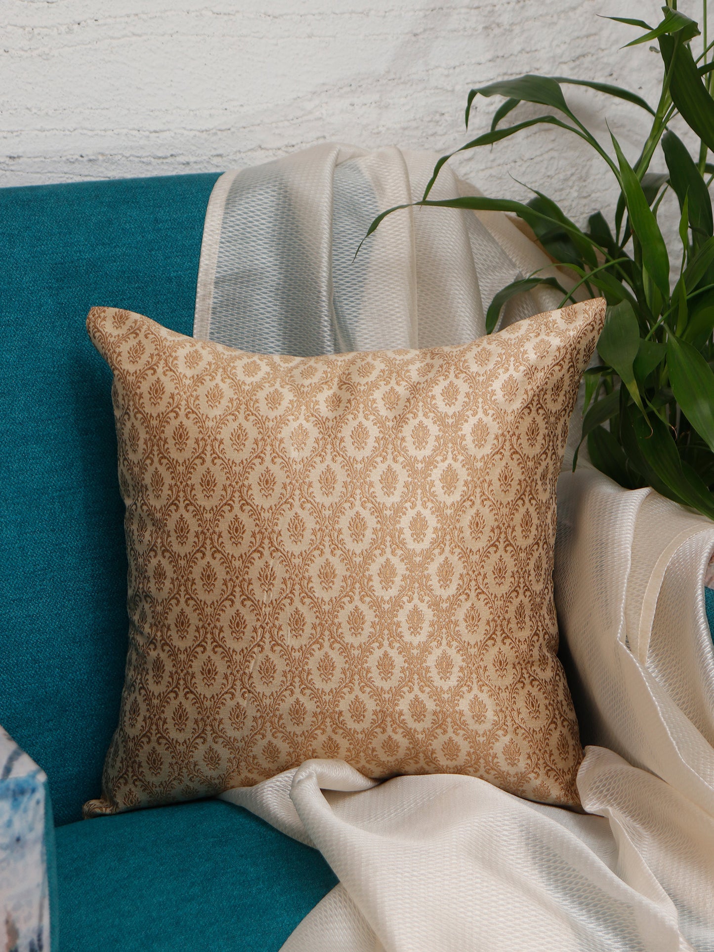 Co-ordinated Cushion Cover Set of 5 Cotton Blend Self Textured Brocade Orange/Musterd - 16" X 16"