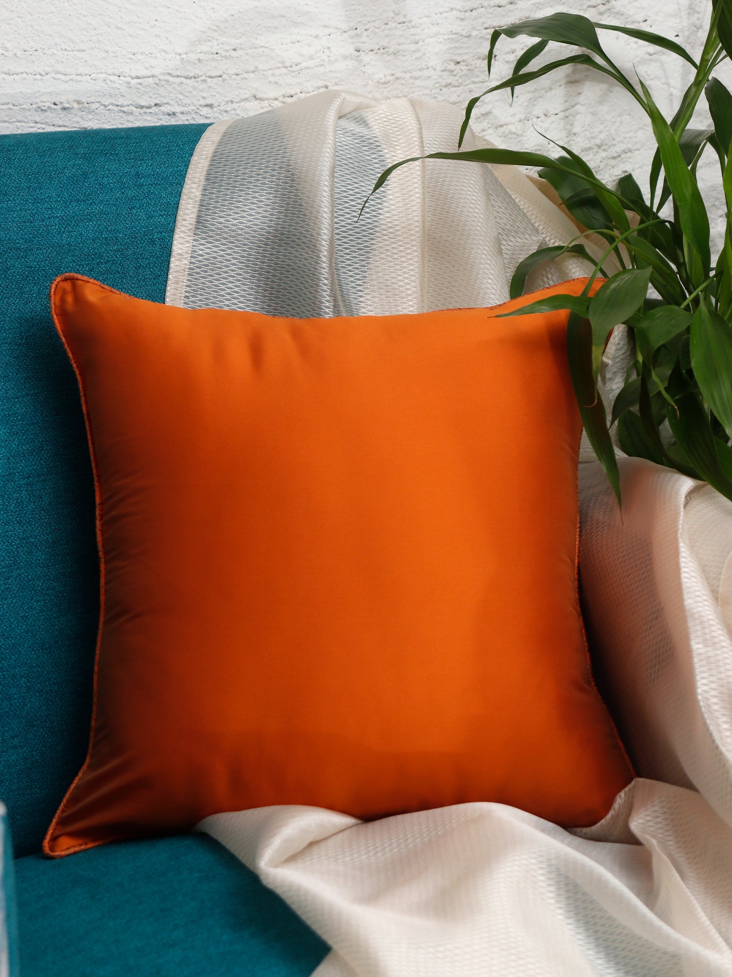 Co-ordinated Cushion Cover Set of 5 Cotton Blend Self Textured Brocade Orange - 16" X 16"