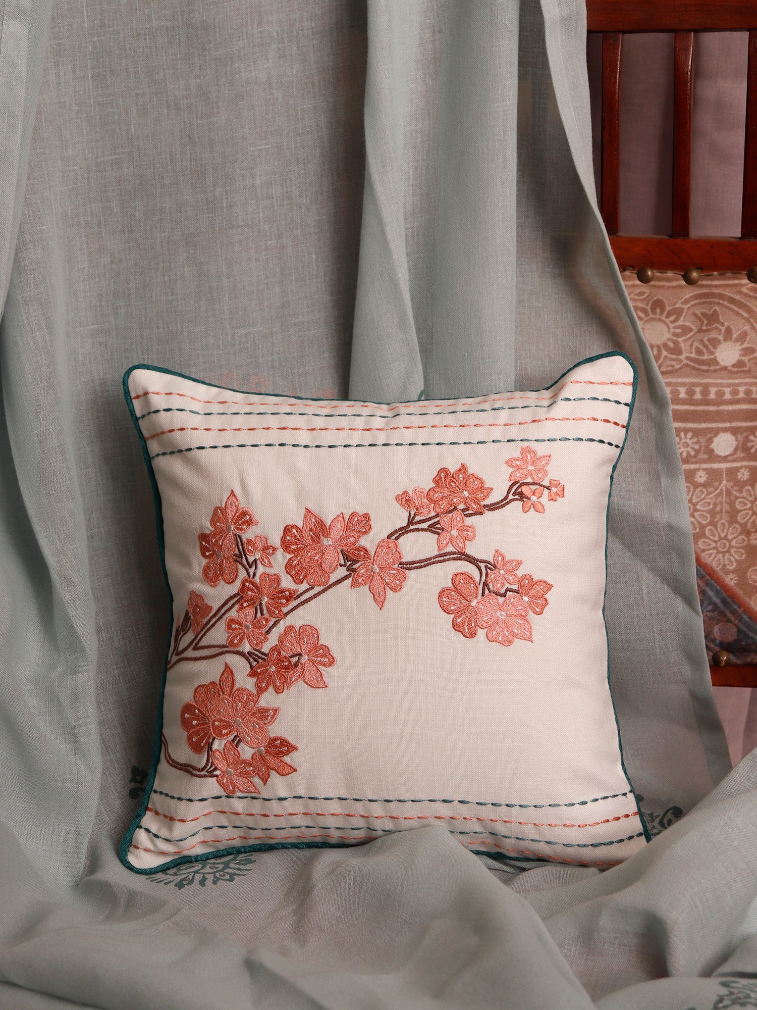 Cushion Cover Polyester Blend Embroidery with Chawal Taka and Piping White - 12"x 12"
