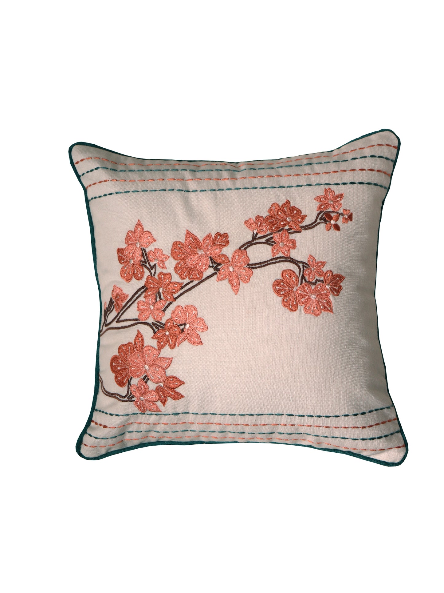 Cushion Cover Polyester Blend Embroidery with Chawal Taka and Piping White - 12"x 12"