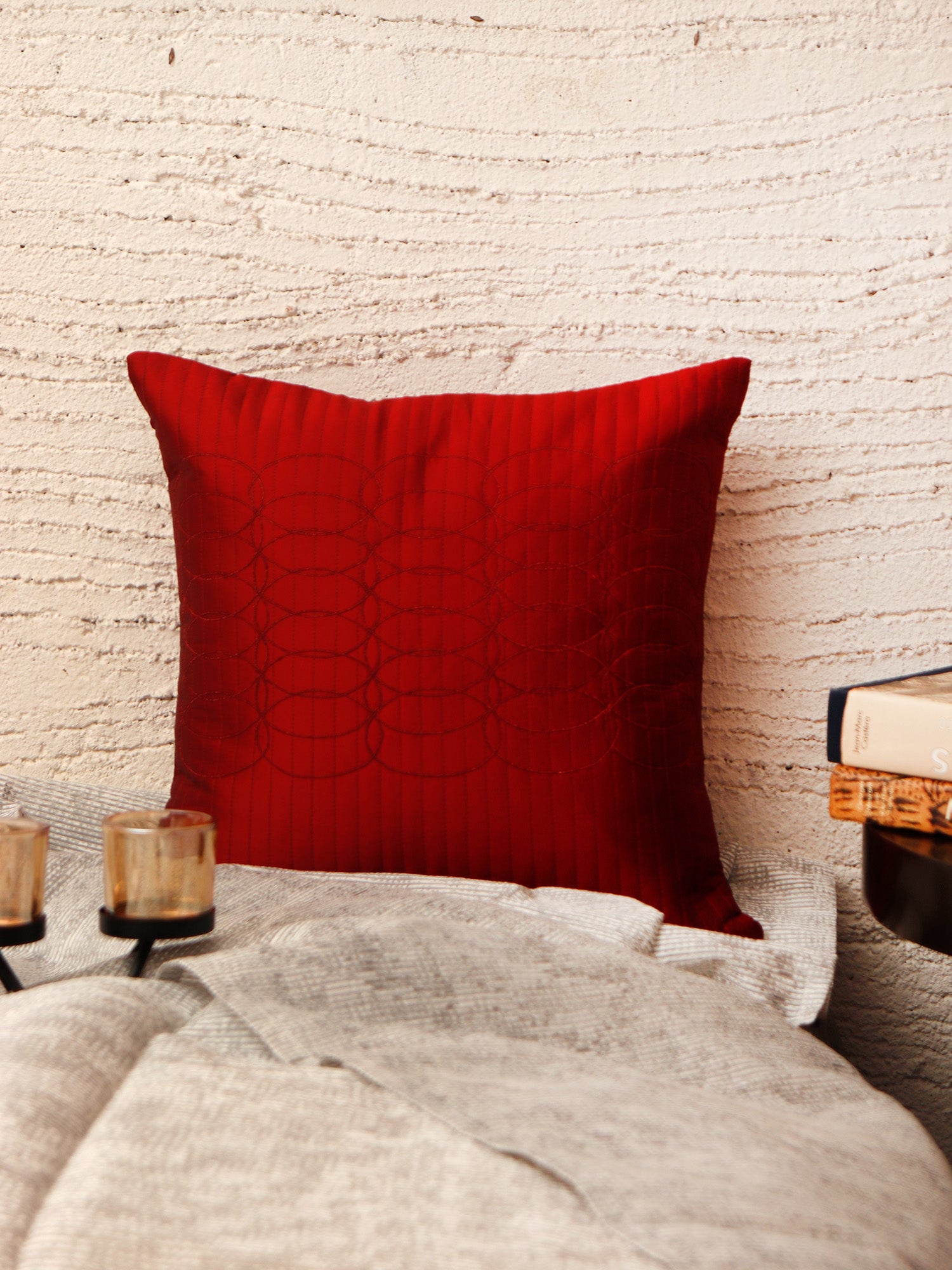 Cushion Cover Polyester Zari Embroidery with Self Quilting Red - 16"x 16"
