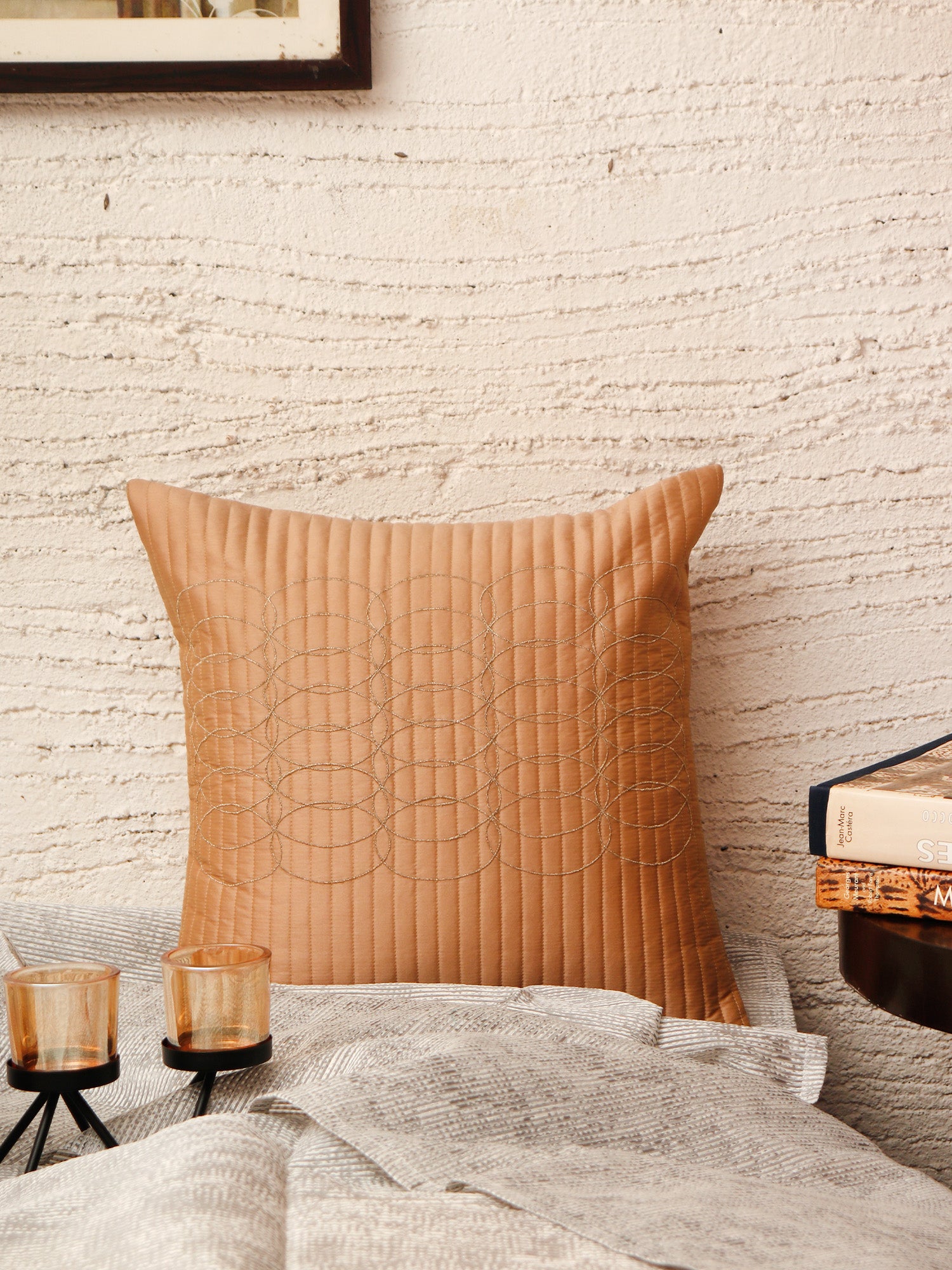 Cushion Cover Polyester Zari Embroidery with Self Quilting Light Gold - 16"x16"