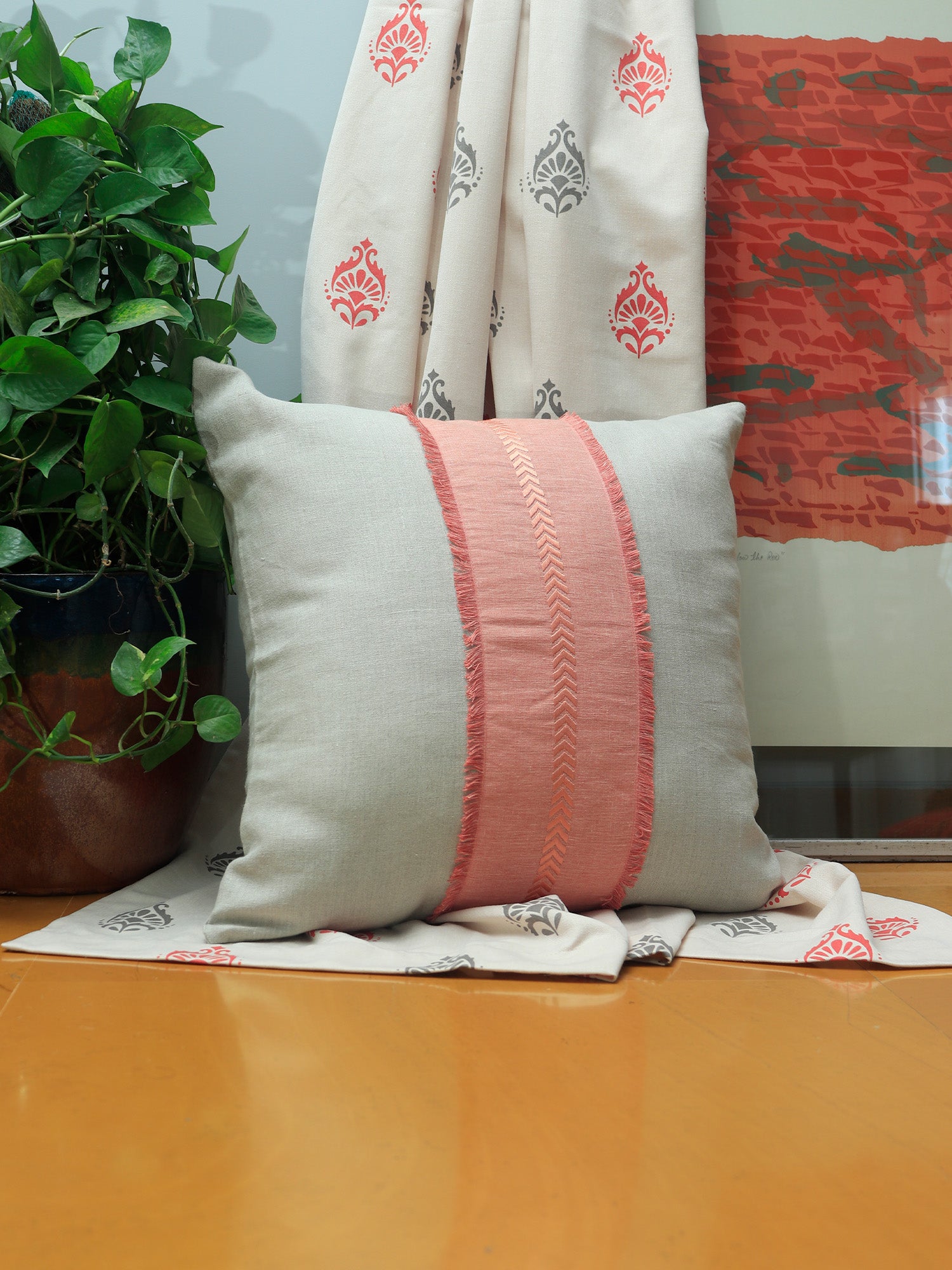Cushion Cover Poly Canvas Patchwork with Embroidery White - 18" x 18"