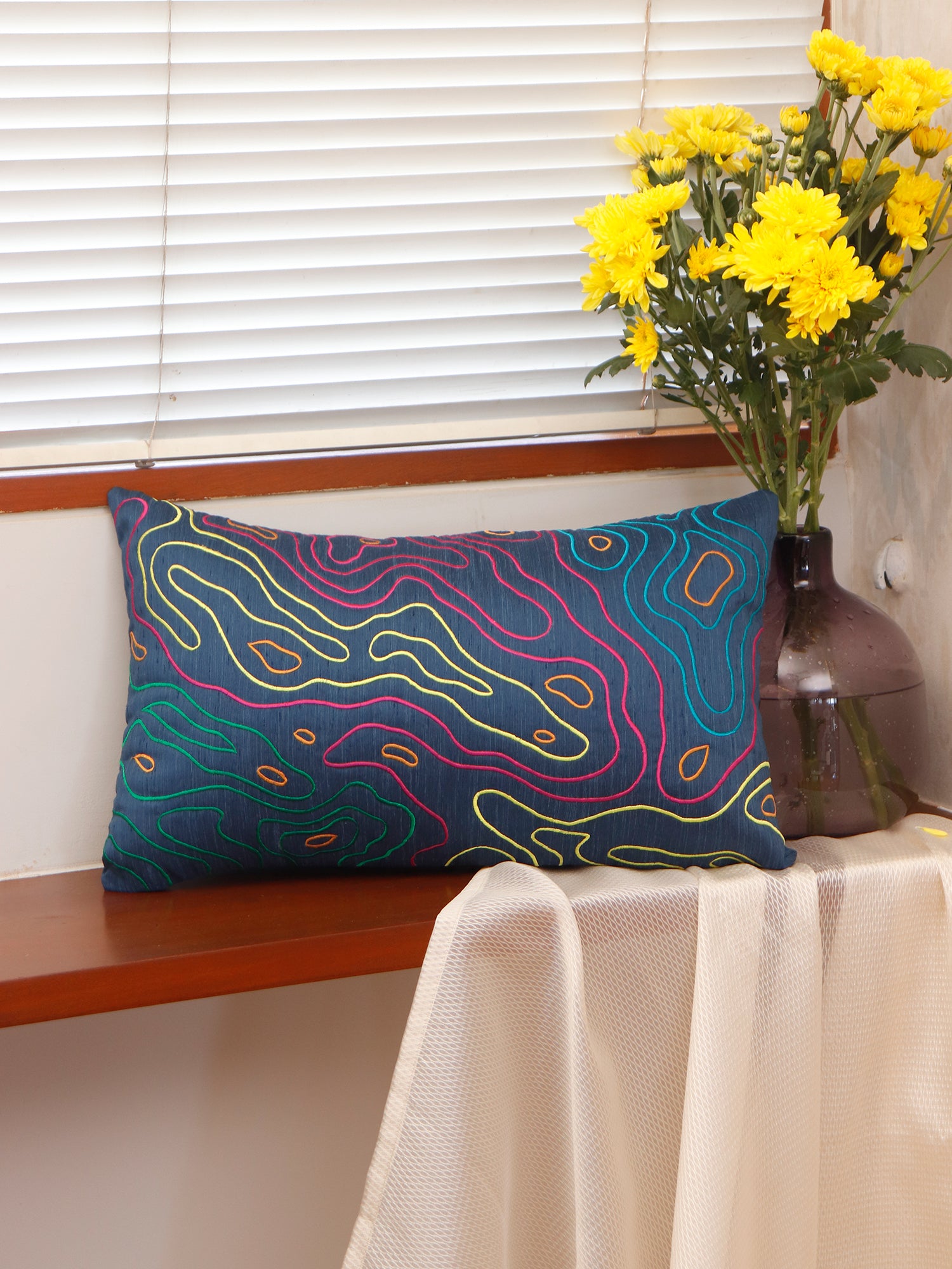 Cushion Cover Embroidery Quilted Polyester Blend Blue - 12" x 22"