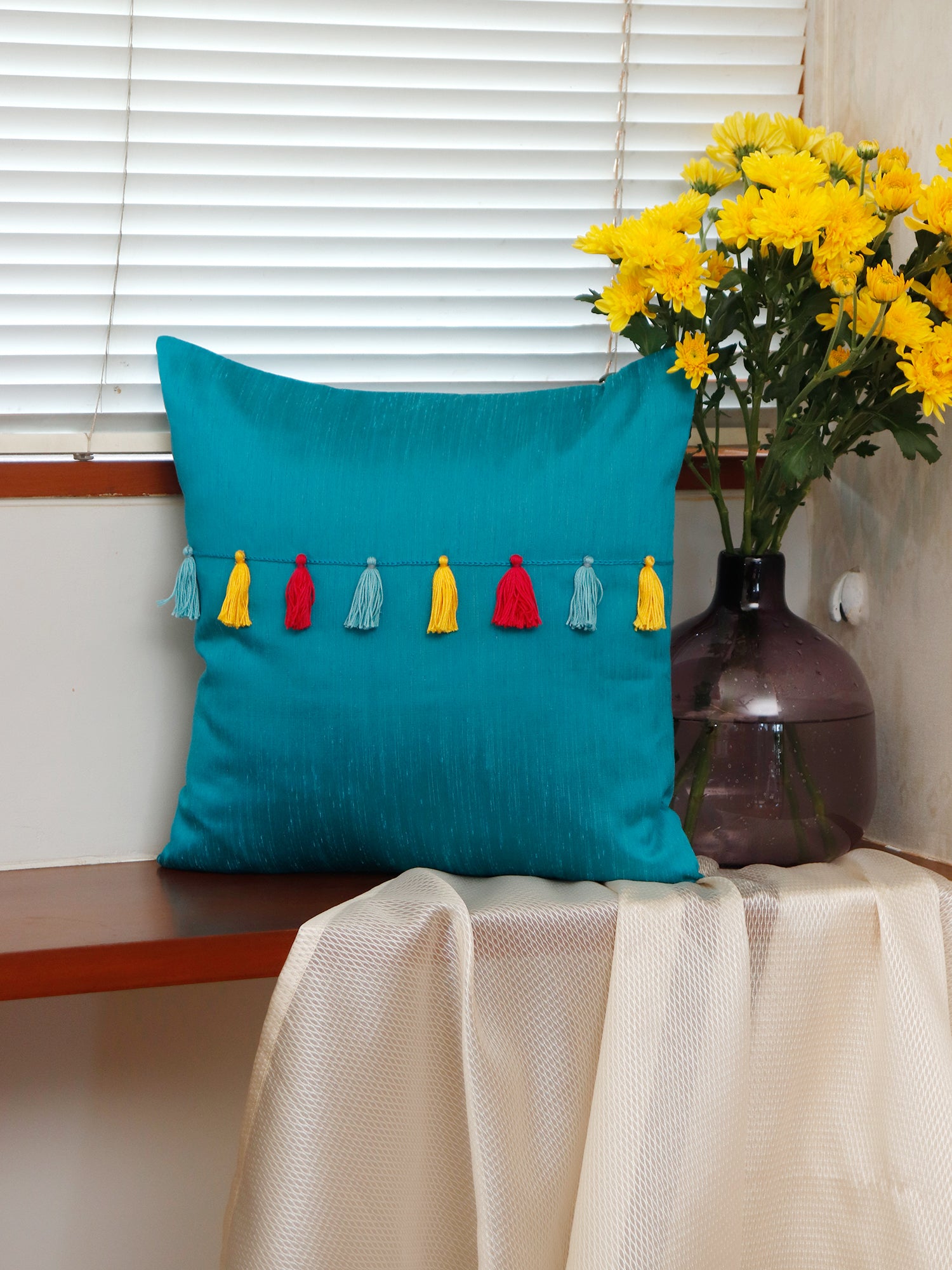 Cushion Cover Tassles Polyester Blend Blue - 16" x 16"