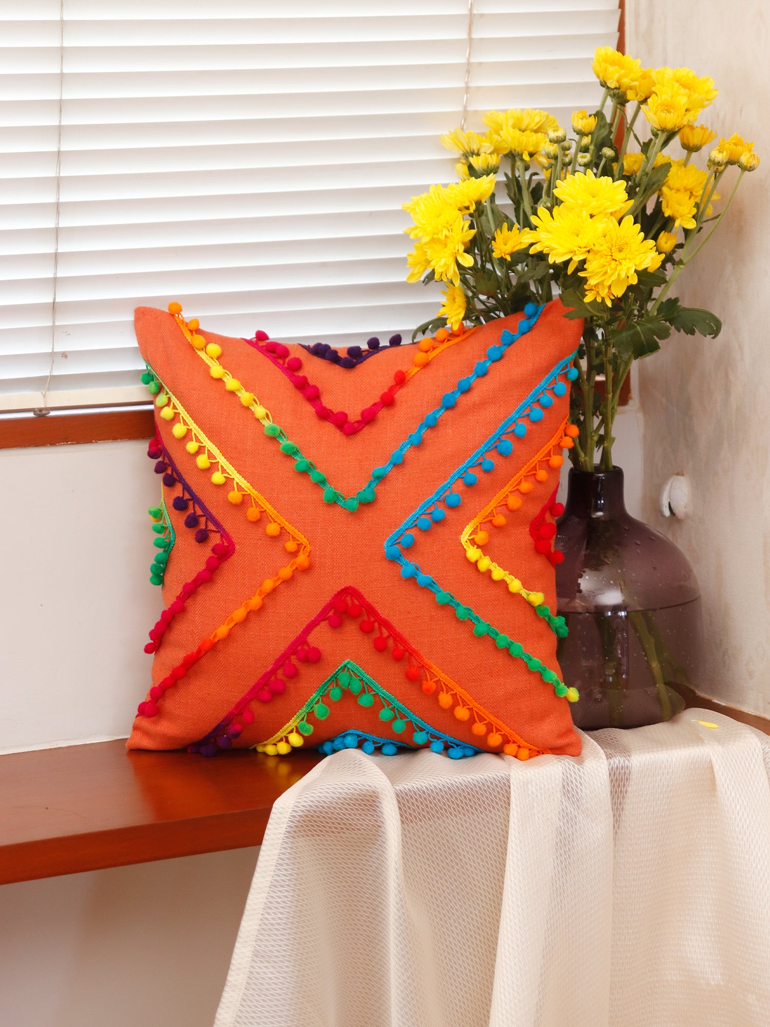 Cushion Cover Pompom Polyester Blend Orange - 16" x 16"