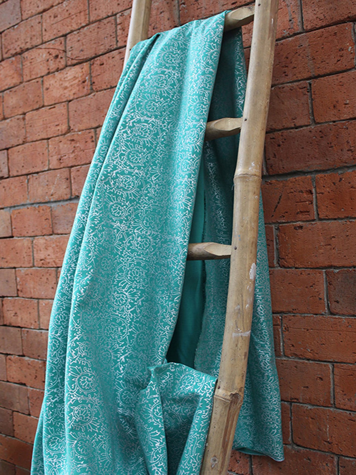 Fabric Cotton Blend Block Printed Green Silver 54"