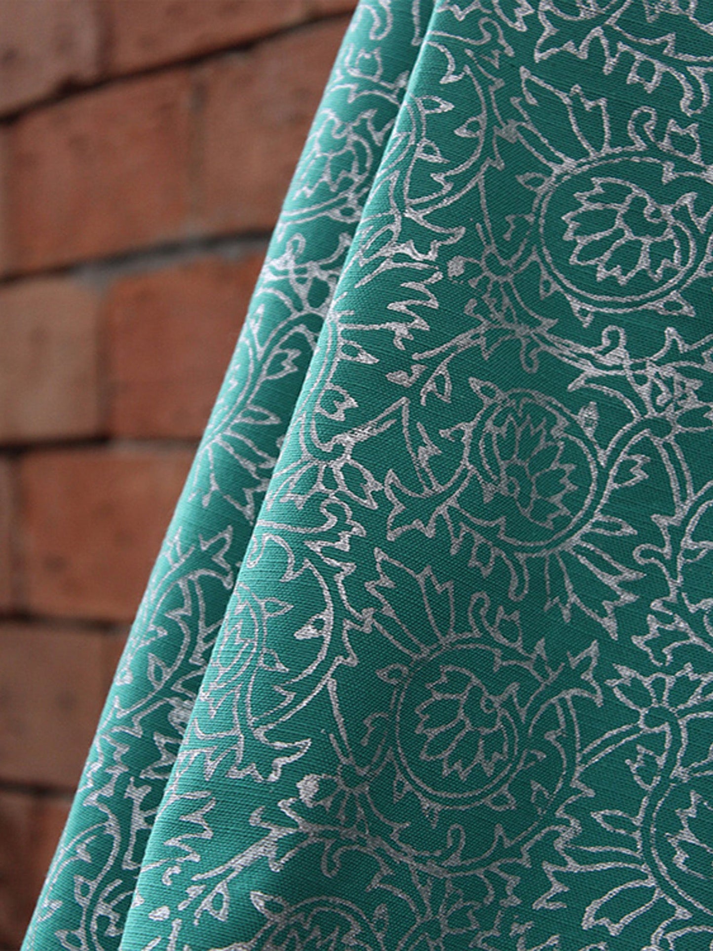 Fabric Cotton Blend Block Printed Green Silver 54"