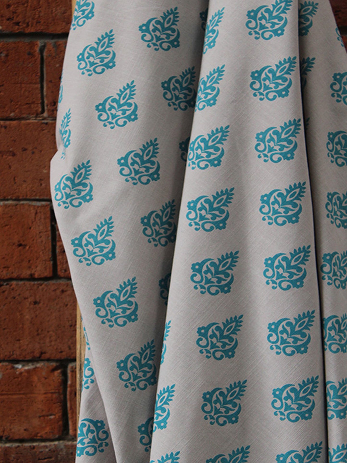 Fabric Cotton Blend Block Printed Grey Blue 54"