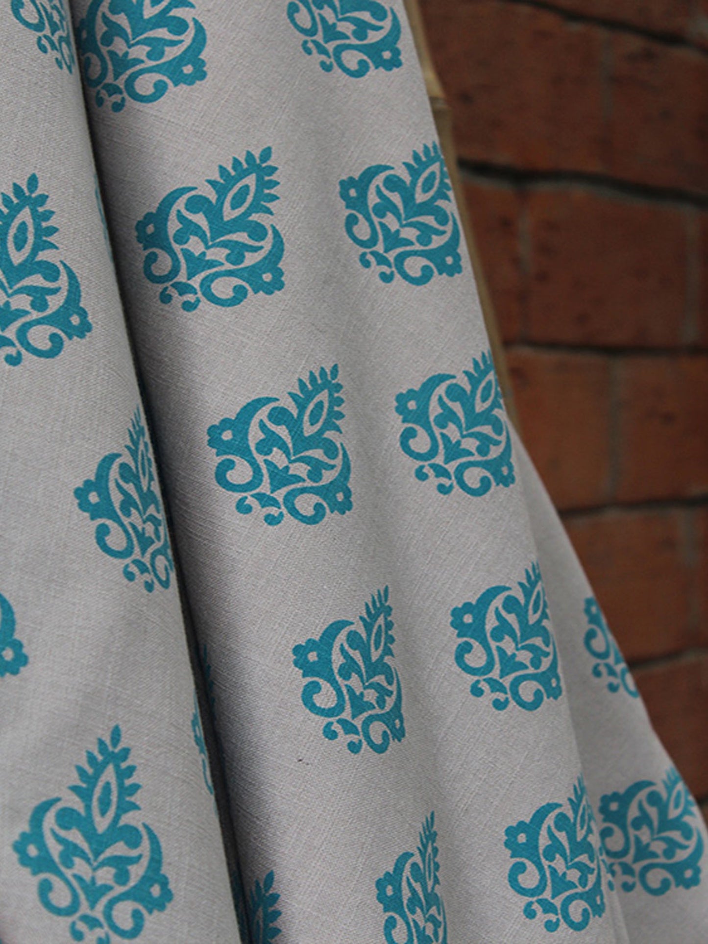 Fabric Cotton Blend Block Printed Grey Blue 54"
