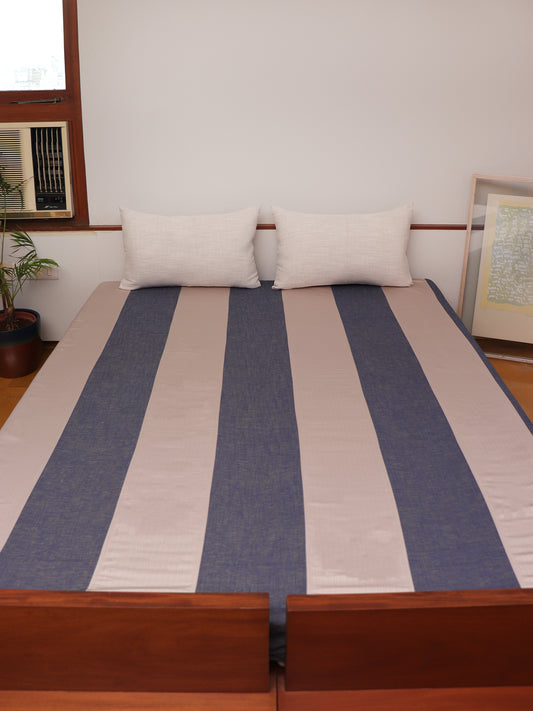 Bedcover With 2 Pilllow Sham Cotton Blend Stripes Patchwork Blue Beige - 90" X 108", 17" X 27"