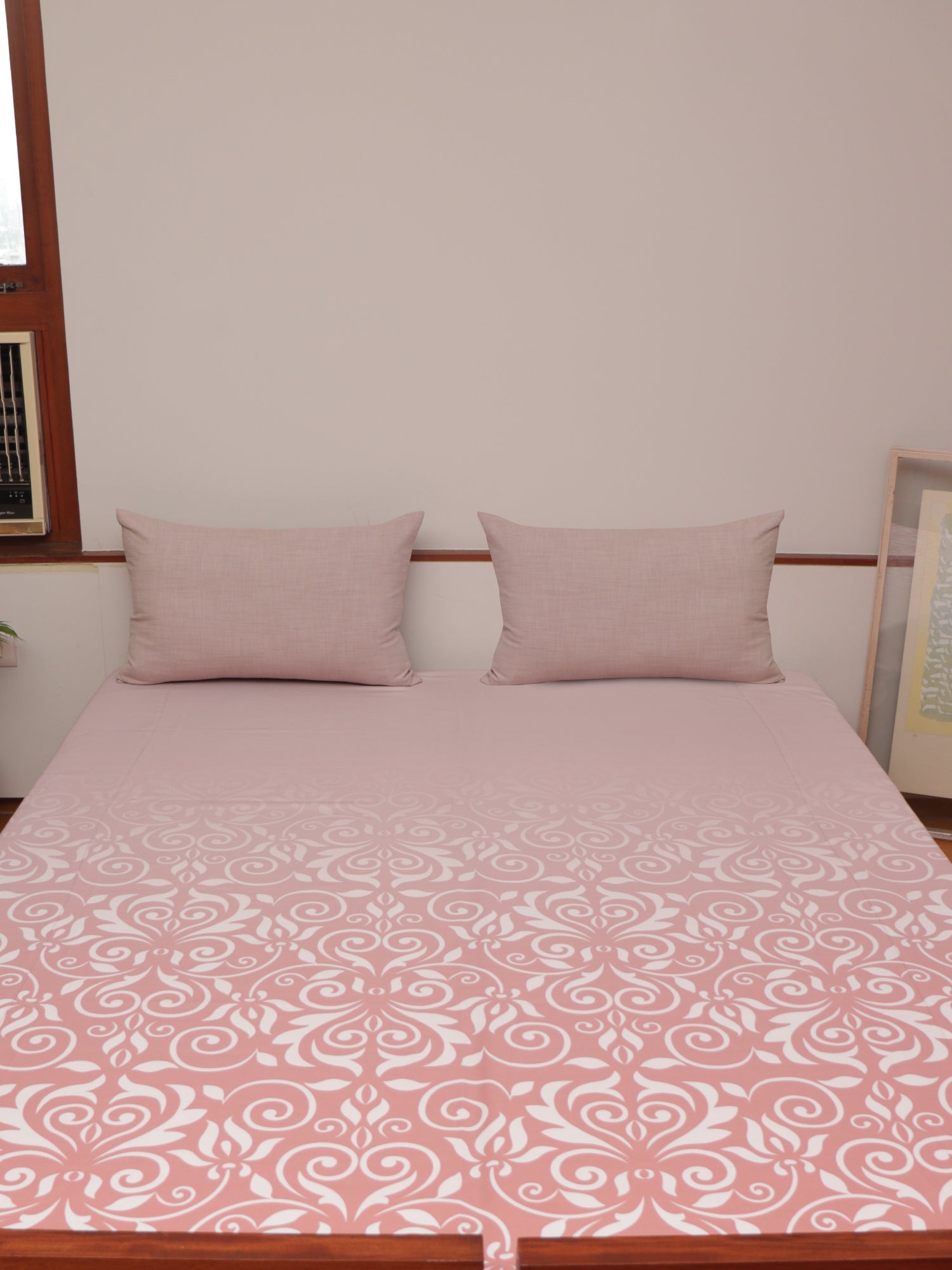 Coral Pink colored floral printed bed cover with 2 matching pillow covers made from cotton blend for queen size double bed 90x108 inch