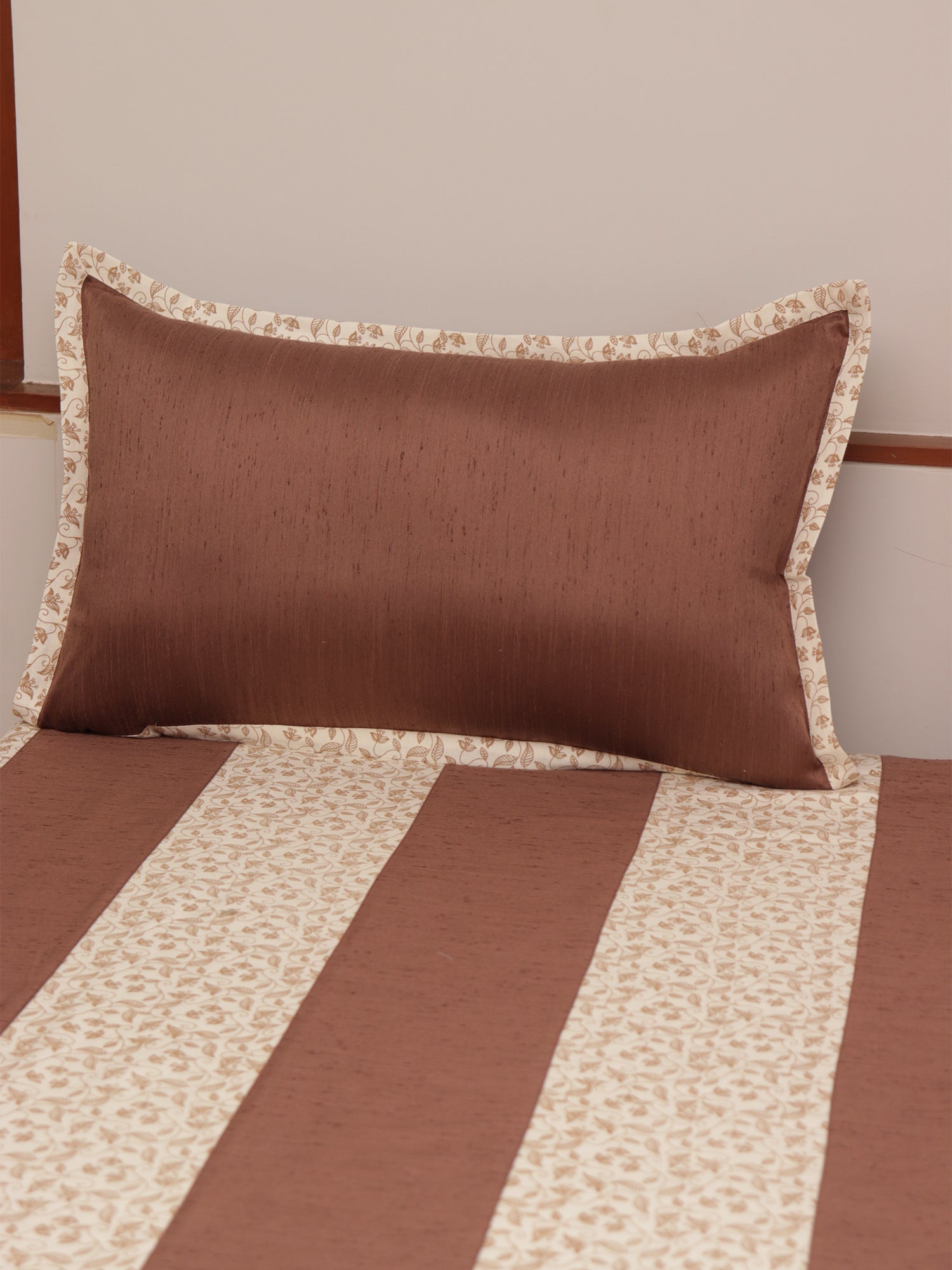 brown colored floral printed bed cover with 2 matching pillow covers made from cotton blend for queen size double bed 90x108 inch