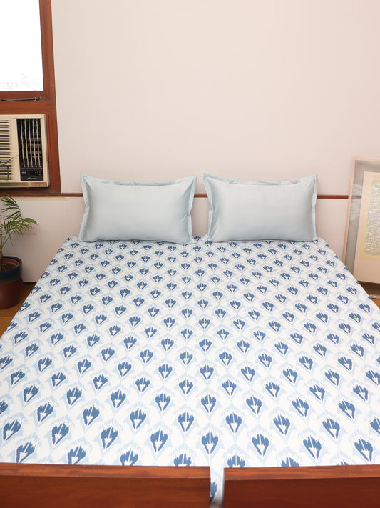 blue colored Motif printed bed cover with 2 matching pillow covers made from cotton blend for queen size double bed 90x108 inch