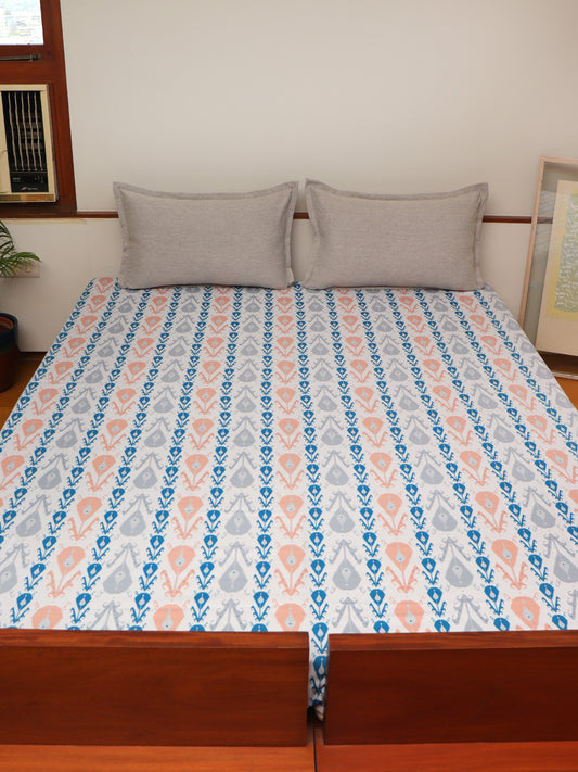 Orange blue colored Printed bed cover with 2 contrasting pillow covers made from cotton blend for queen size double bed 90x108 inch