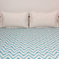 blue colored chevron printed bed cover with 2 matching pillow covers made from cotton blend for queen size double bed 90x108 inch