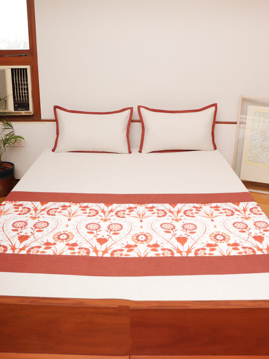 Rust colored Floral Printed bed cover with 2 matching pillow covers made from cotton blend for queen size double bed 90x108 inch