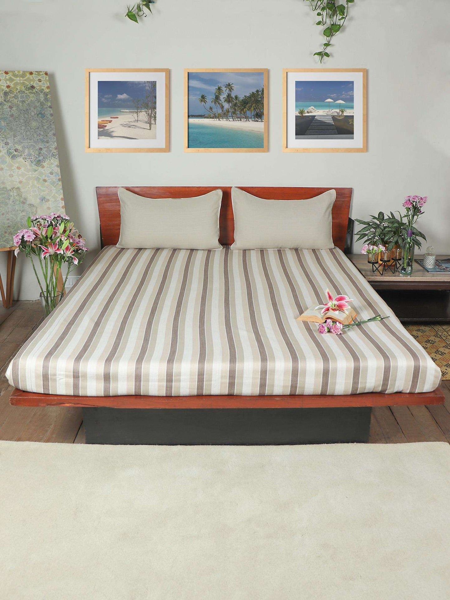 Cotton Blend Striped Bedcover for Double Bed with 2 Pillow Covers(with Cord Piping) | Queen Size - Beige Color| Bedcover 90 x 108inches (7.5x9ft), Pillow Covers 17x27in