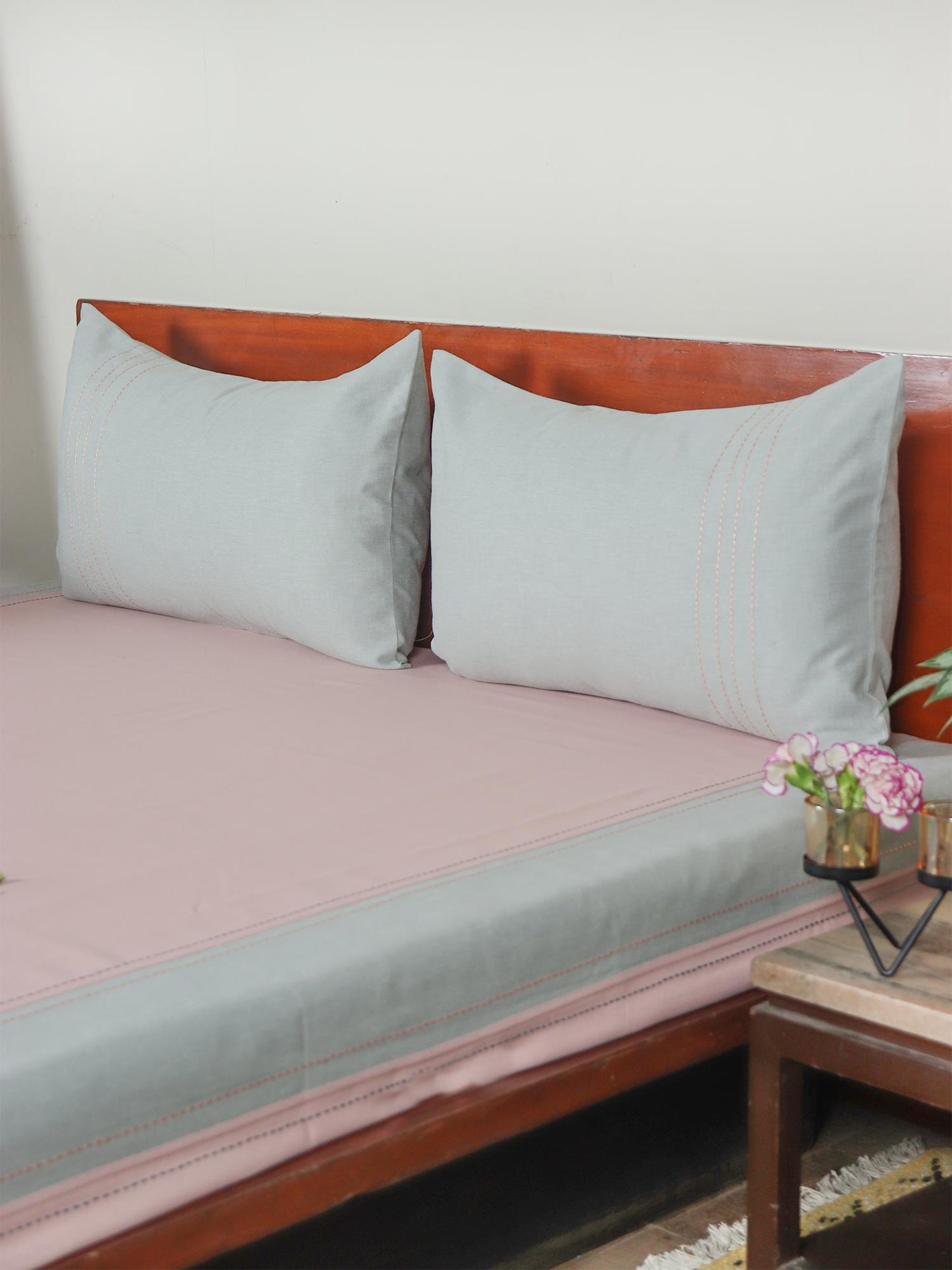 Embroidered Bedcover for Double Bed with 2 Pillow Covers | Queen Size - Duck egg Pink | Bedcover 90 x 108inches (7.5x9ft), Pillow Covers 17x27in