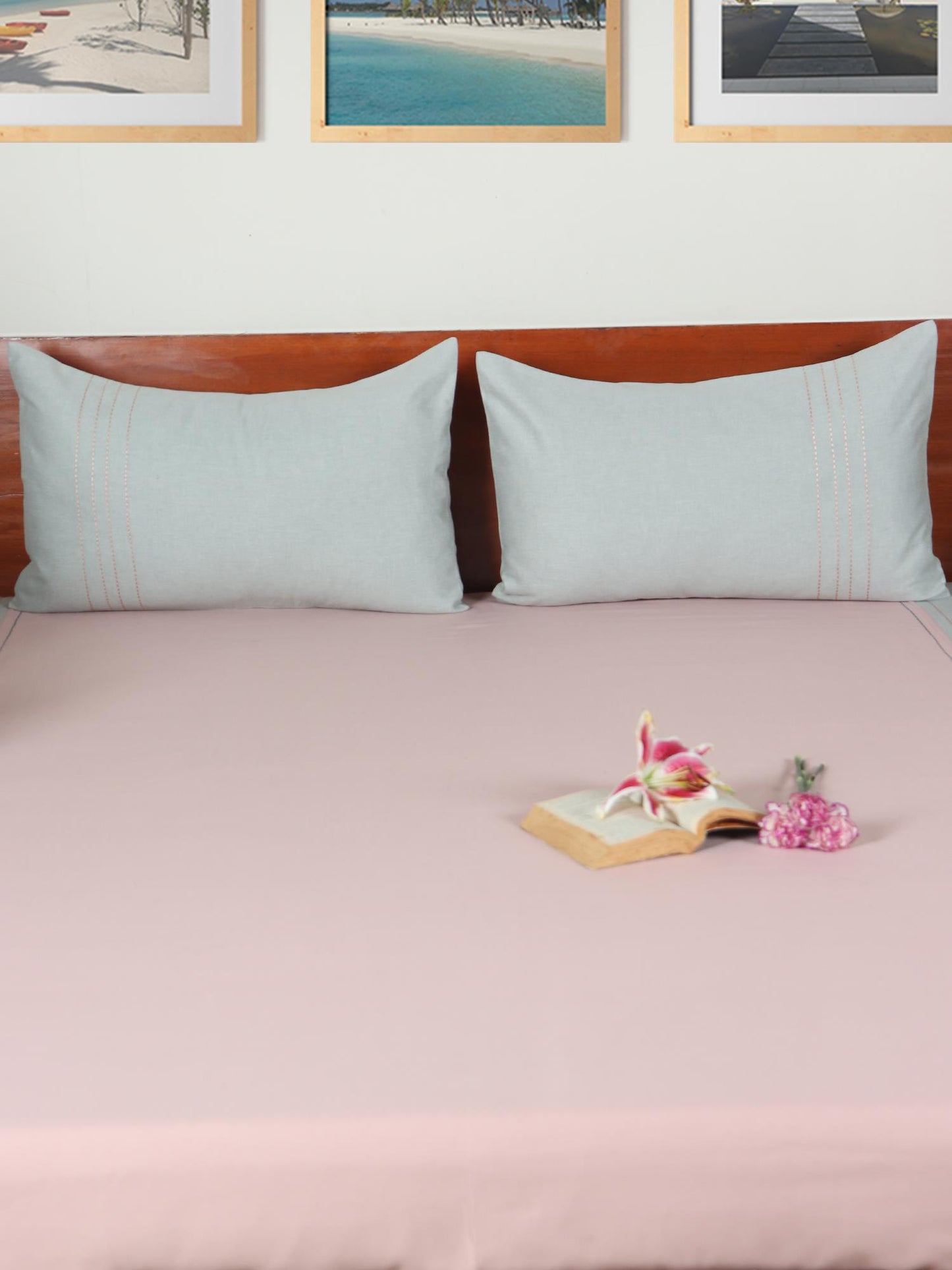 Embroidered Bedcover for Double Bed with 2 Pillow Covers | Queen Size - Duck egg Pink | Bedcover 90 x 108inches (7.5x9ft), Pillow Covers 17x27in