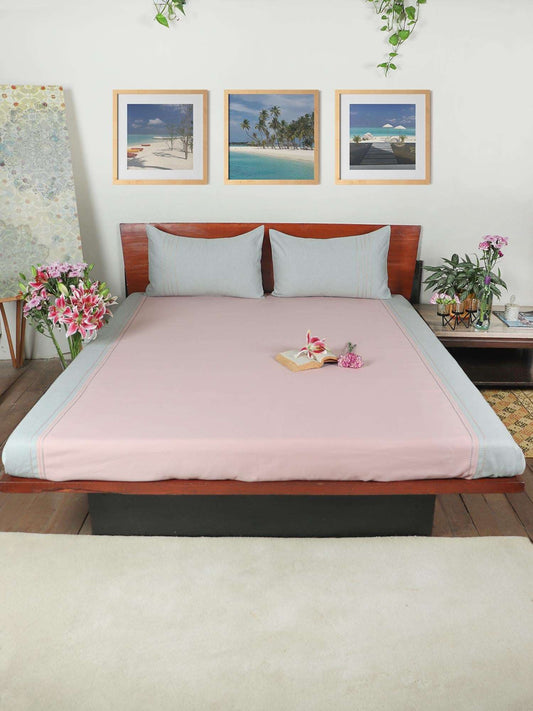 Cotton Blend Hand Embroidered Bedcover for Double Bed with 2 Pillow Covers | Chawal Taka - Queen Size - Duckegg Pink with Blue Pillows| Bedcover 90 x 108inches (7.5x9ft), Pillow 17x27in