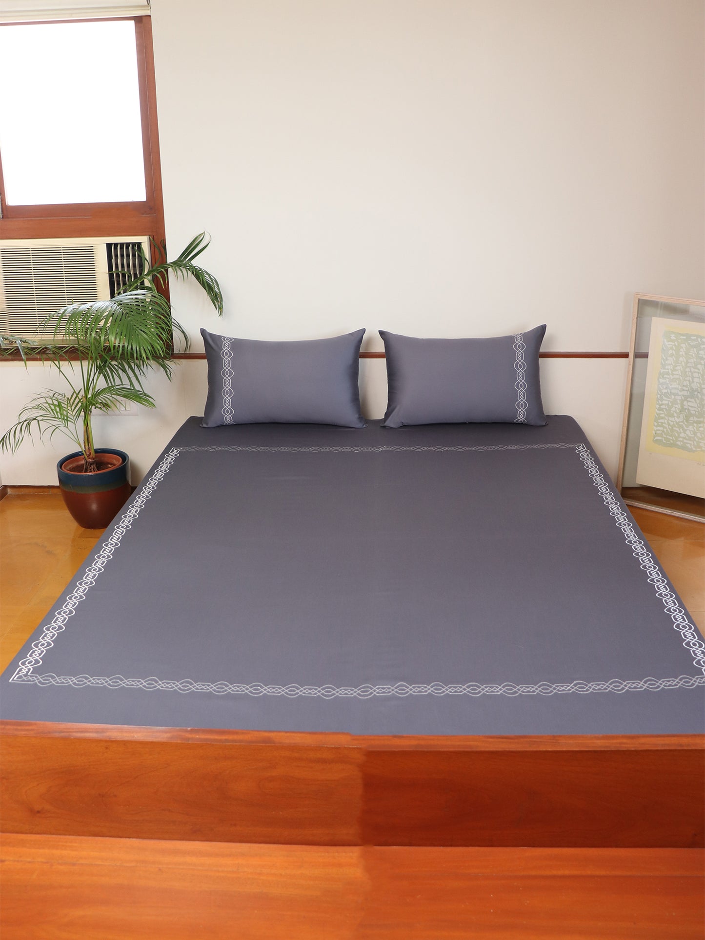 Bedsheet with 2 Pillow Covers 100% Cotton 800TC Floral Aari Embroidery  Grey - 108" X 108", 17" X 27"