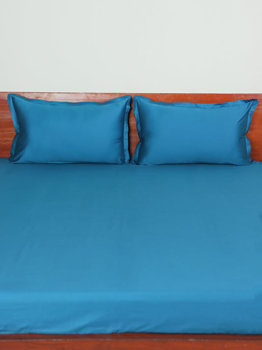 Blue colored plain soft bedsheet with 2 matching pillow covers made from 100% pure cotton for king size double bed in 400 thread count fabric