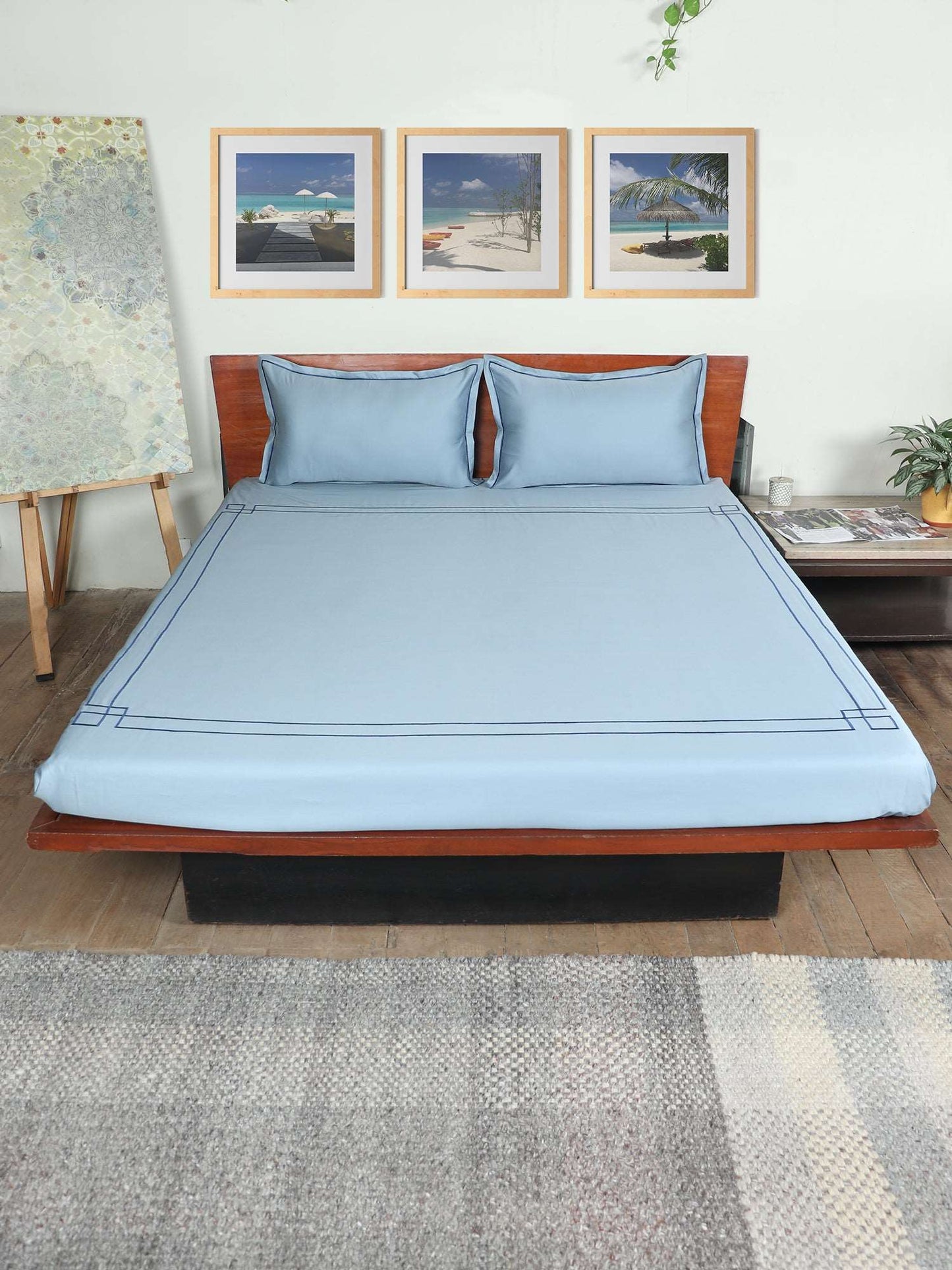 light blue embroidered bedsheet with 2 matching pillow covers made from 100% pure cotton for king size double bed in 800 thread count fabric