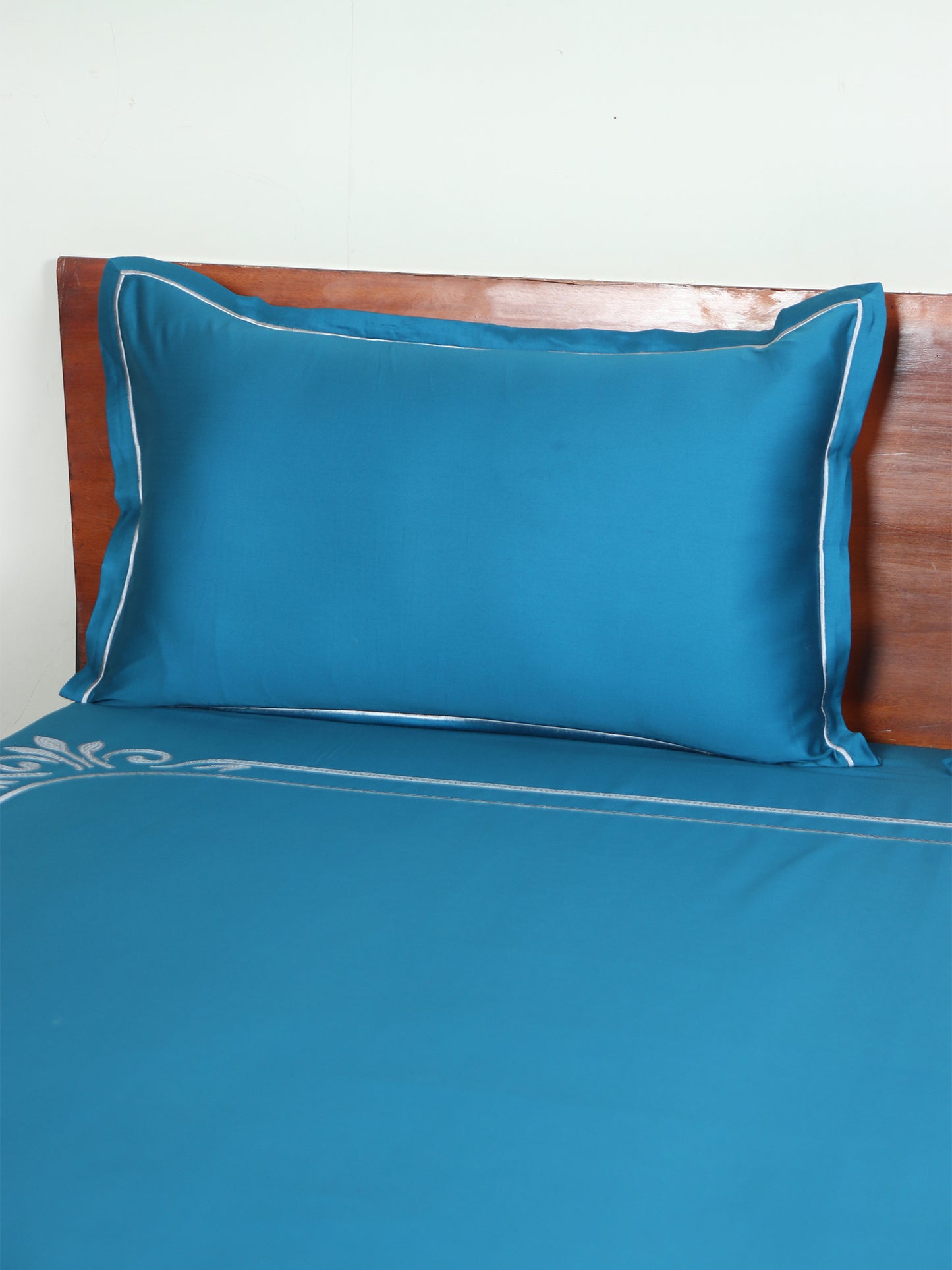 Bedsheet 100% Cotton 400TC Embroidered for King Size Double Bed with Pillow Covers Teal Blue - Bedsheet 108x108inches, Pillow Covers 17x27inches