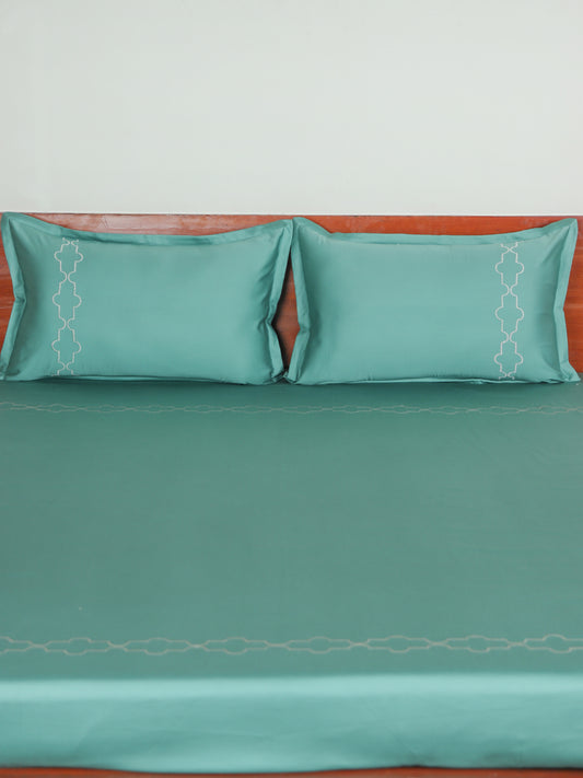 Bedsheet 100% Cotton 400 TC Embroidered for King Size Double Bed with Pillow Covers Green - Bedsheet 108x108inches, Pillow Covers 17x27inches