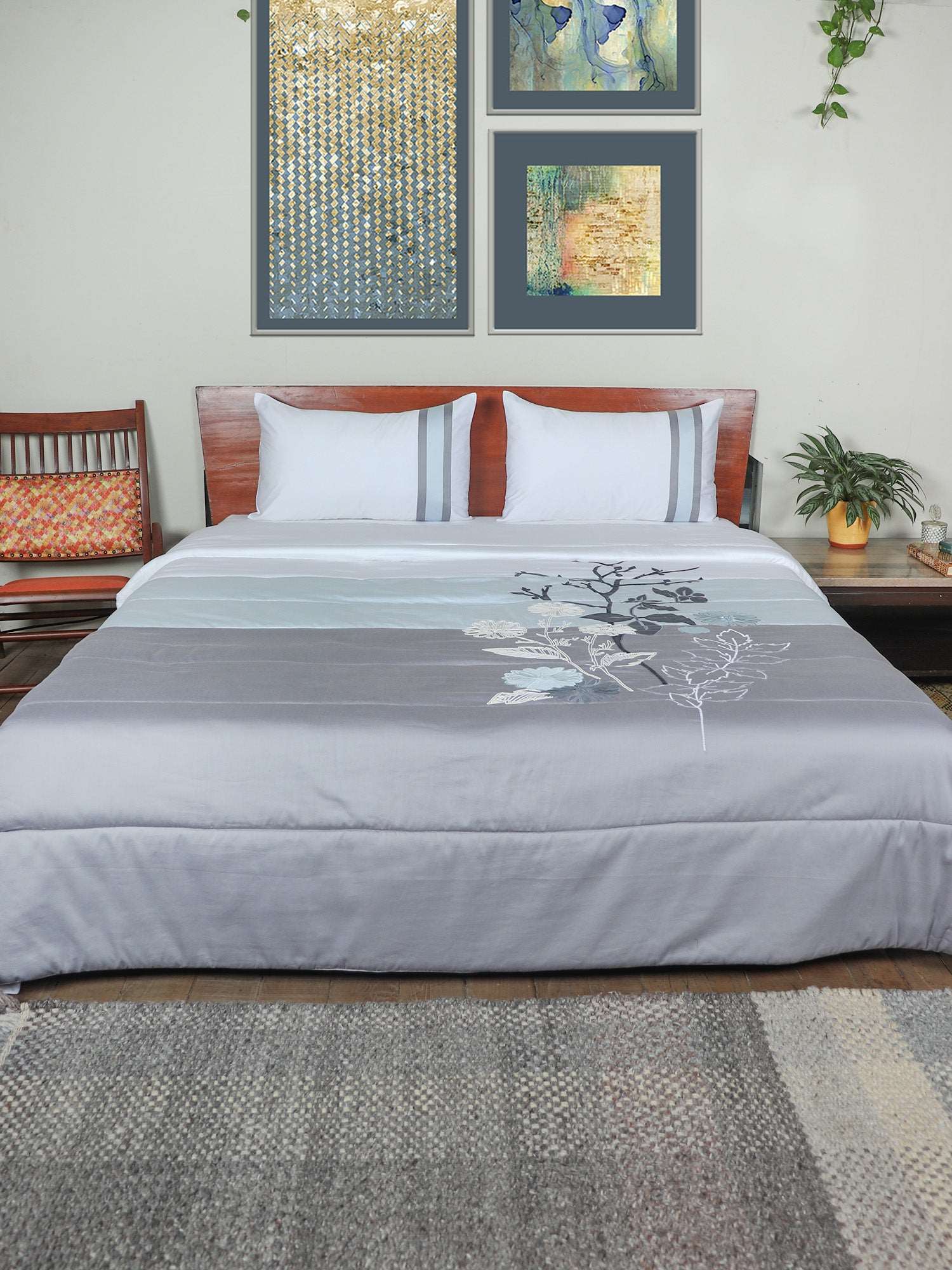 Quilt for Double Bed King Size | Floral Hand Embroidery with Applique | AC Comforter/Blanket/Duvet, Lightweight | 100% Cotton 300TC - Blue/Grey | 100x108+17x27 inches (254x274 cms)